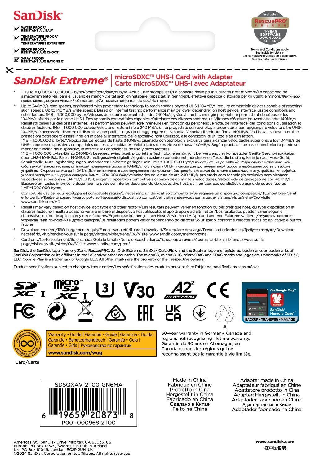 SanDisk Extreme microSDXC UHS-I mälukaart 2TB + SD adapter (nutitelefonidele, action-kaameratele ja droonidele, kuni 240 MB/s ülekandekiirus, 4K UHD, RescuePRO Deluxe, UHS-I, U3, V30) – pilt 6