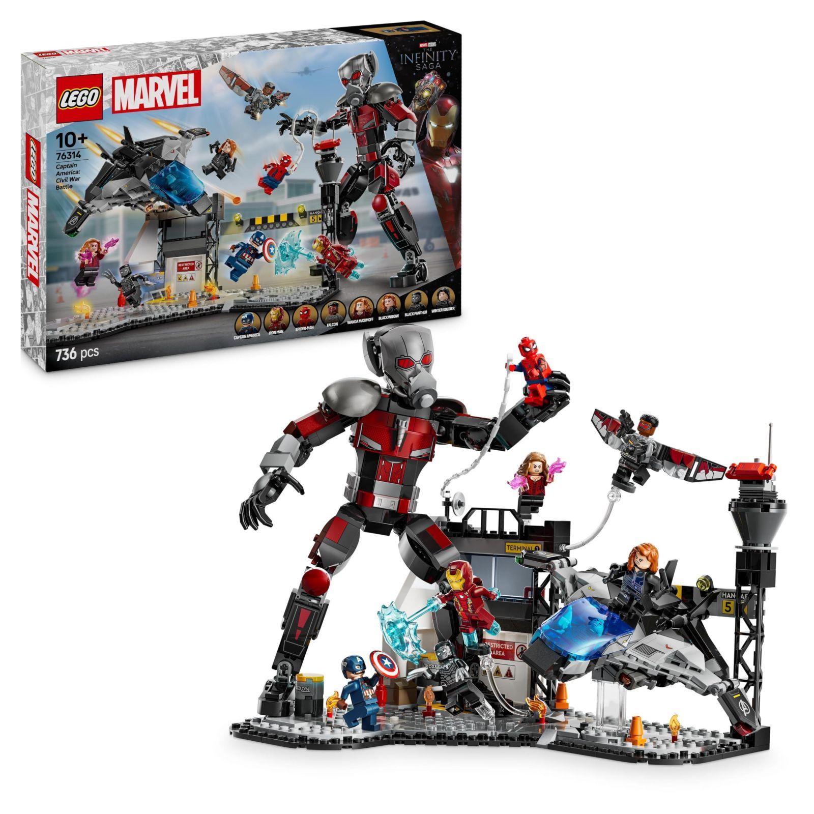 LEGO Marvel Kapten Ameerika: Kodusõda – Superkangelaste mängukomplekt 8 minifiguuriga ja mängulennukiga – Kingitus poistele ja tüdrukutele 76314