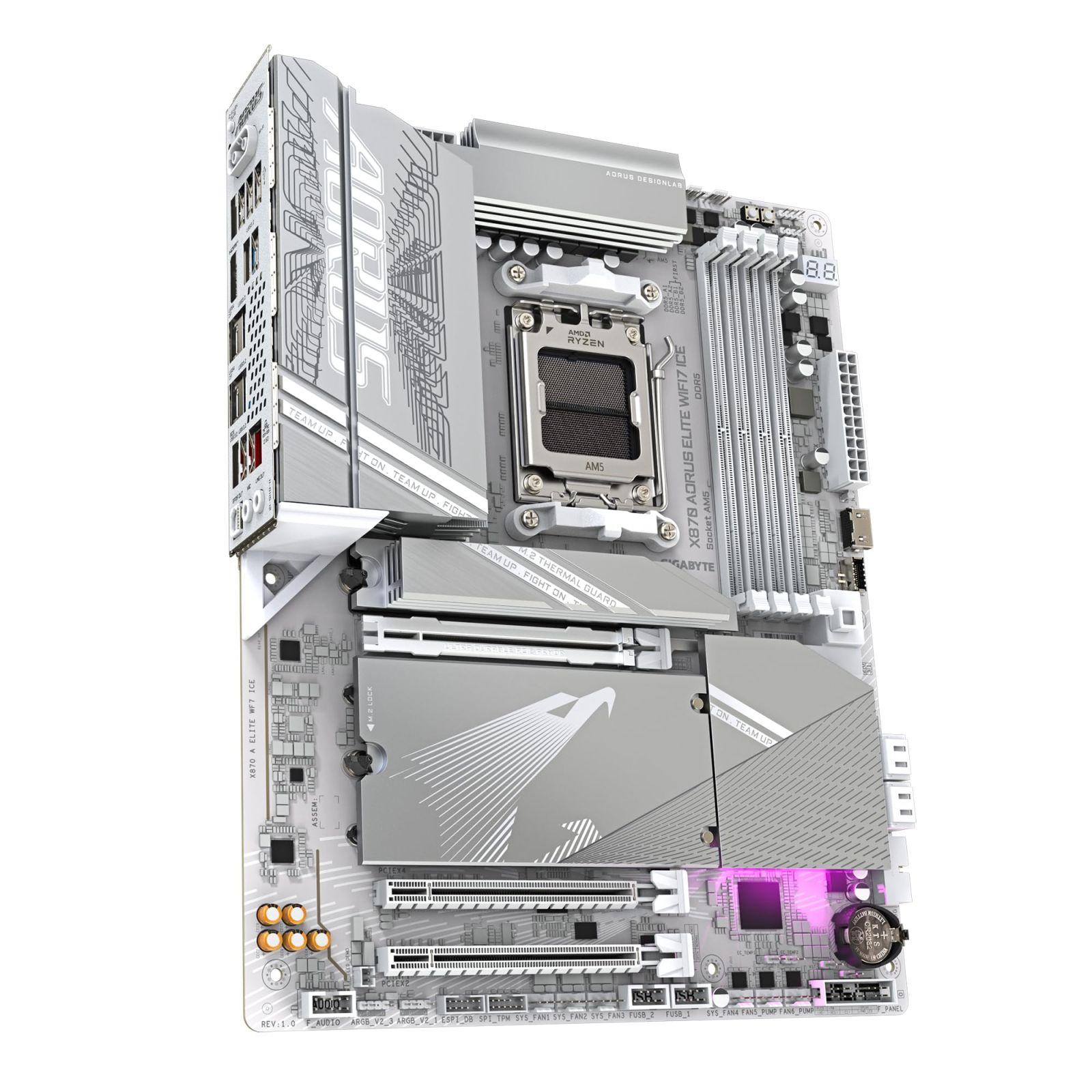 GIGABYTE X870 A Elite WIFI7 Ice-Emaplaat – Toetab AMD Ryzen 9000 protsessoreid, digitaalne 16+2+2 faasiline VRM, kuni 8000MHz DDR5 (OC), 3xPCIe 5.0, Wi-Fi 7, 2.5GbE LAN, USB 4 – pakend ja tarvikud
