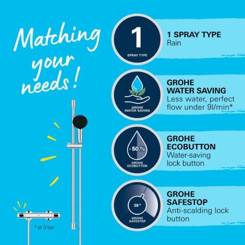 GROHE Precision Flow - Termostaat-dušikomplekt veesäästlik - 9 l/min (1 pihustusrežiim