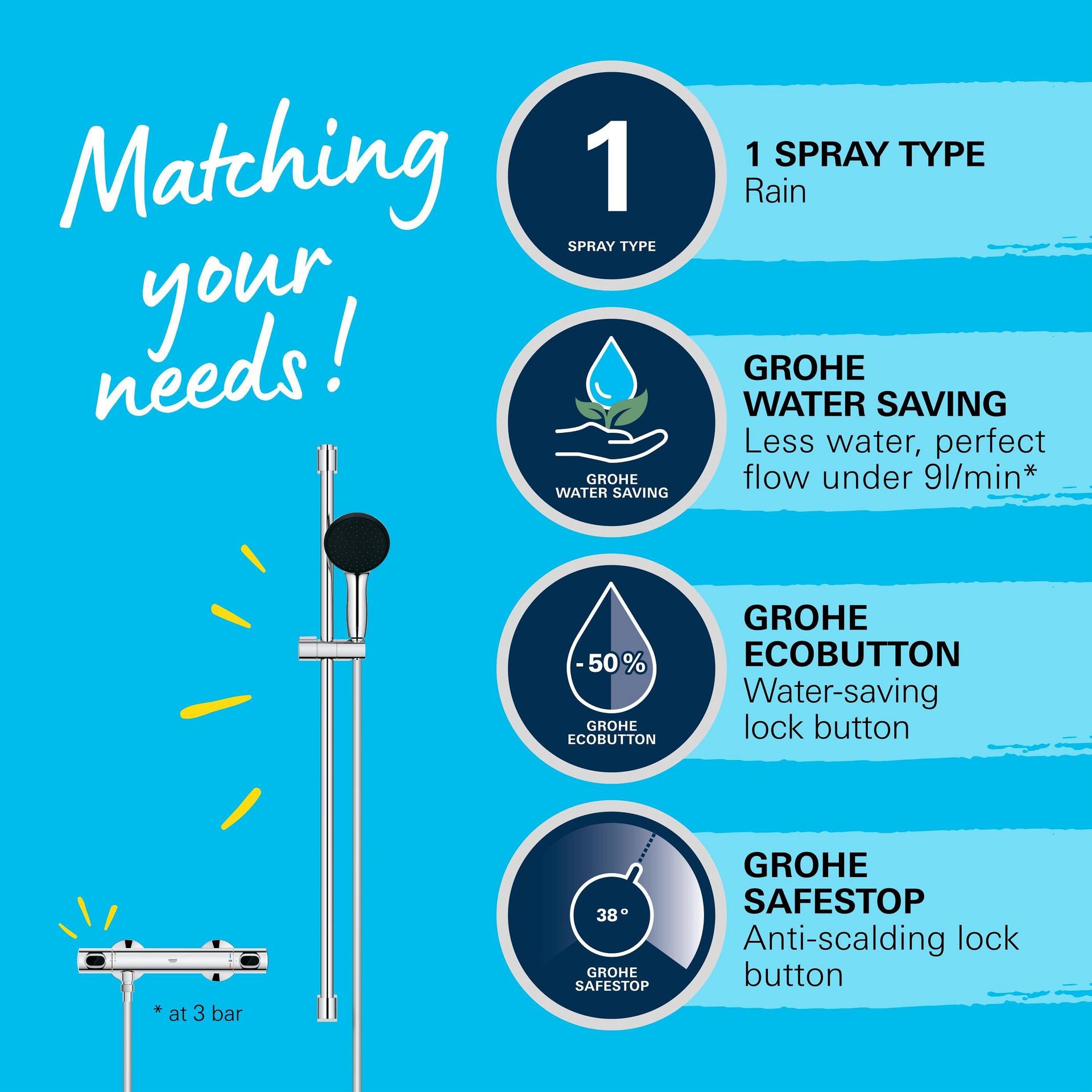 GROHE Precision Flow – Termostaat-dušikomplekt veesäästlik – 9 l/min (1 pihustusrežiim, turvalukk 38°C juures, 90 cm dušilatt, sisaldab paigaldustööriistu), ümmargune, kroom, 34805001 – detailne vaade