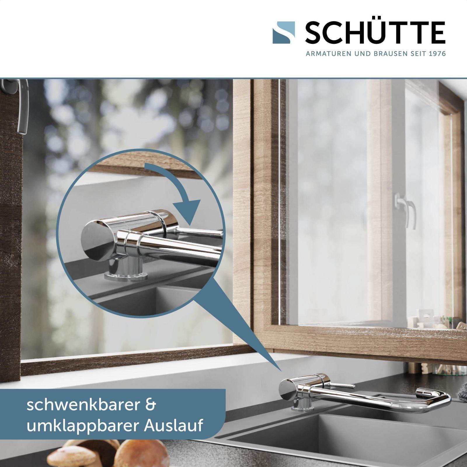 SCHÜTTE 24550 köögisegisti WINDOW, aknaalune veekraan, volditav 360° pööratav ühehoovaga kraan, kroom – detailne vaade