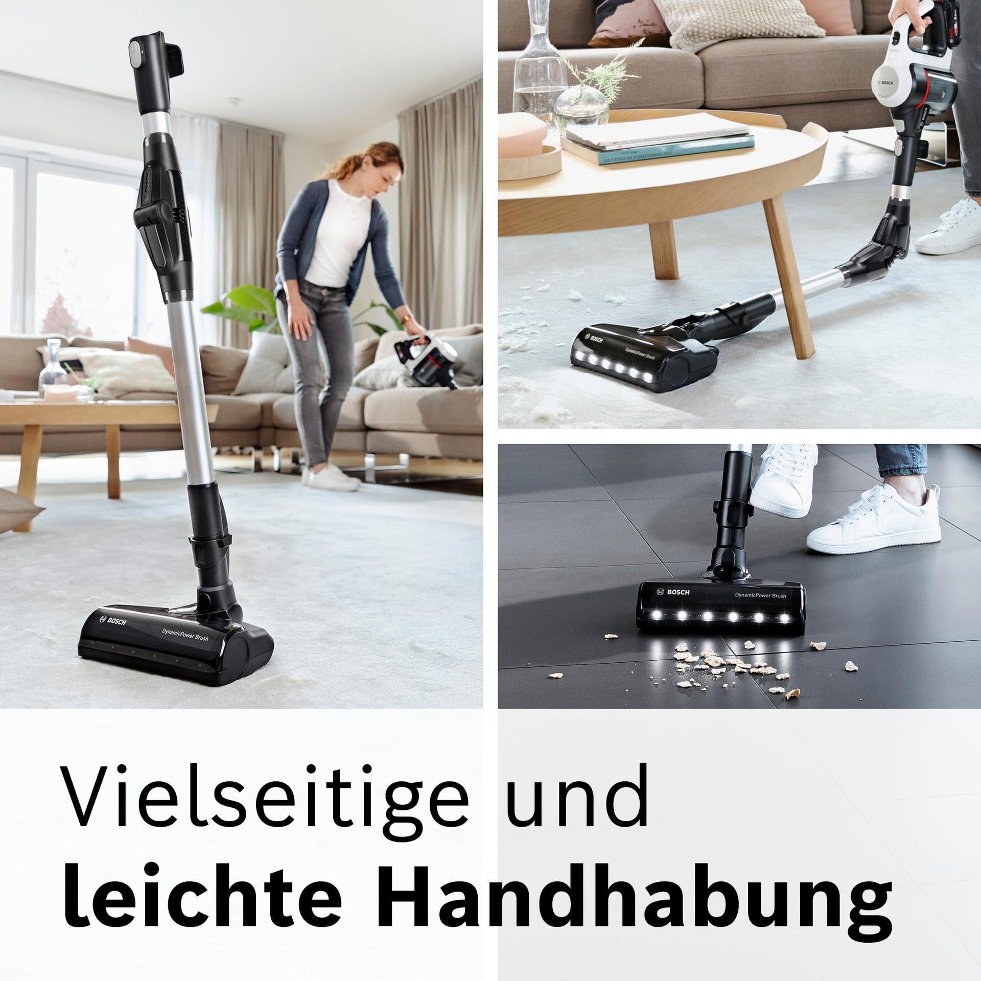 Bosch juhtmeta tolmuimeja Unlimited 7 BKS711MTB, tolmukotita, vahetatava akuga, painduva toruga, hügieenifiltriga, 10-aastase mootorigarantiiga, mini-turbodüüsiga, LED-valgustusega, turborežiimiga, valge – kasutusnäide