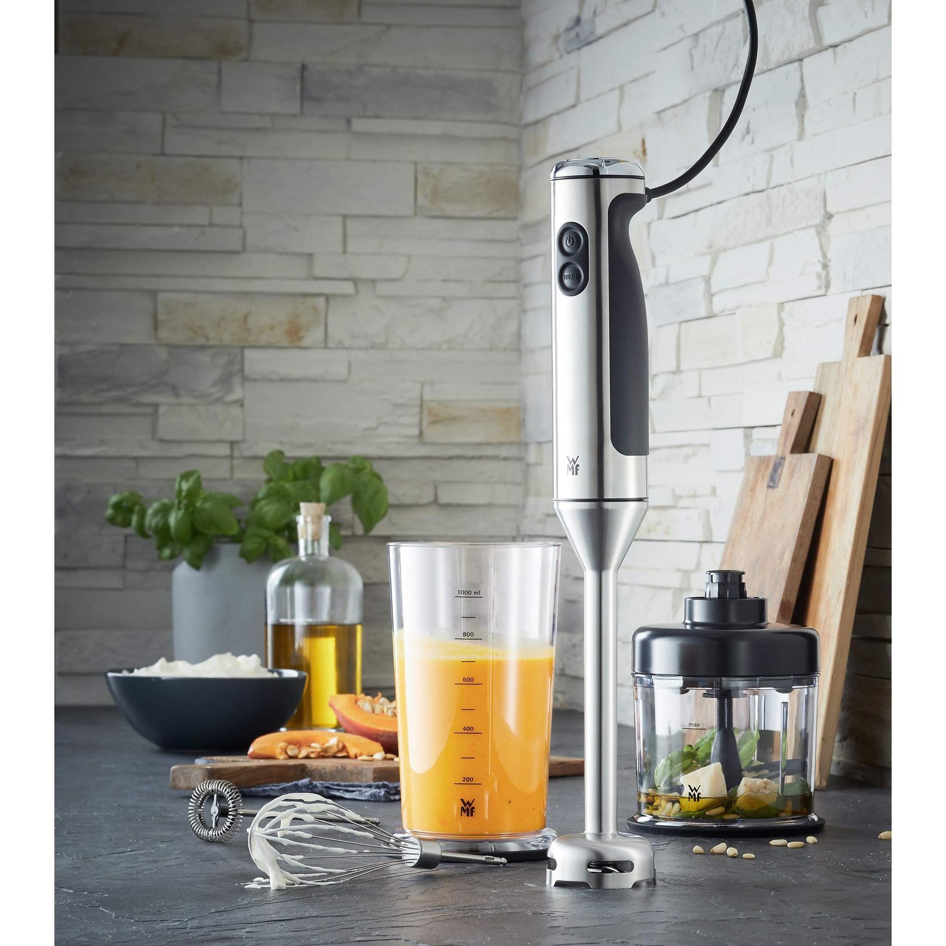 WMF Lineo saumikseri komplekt, 5-osaline – saumikser, vispel, piimavahustaja, hakkija, 700 W, 1-liitrine segamisanum, roostevaba teras – detailne vaade