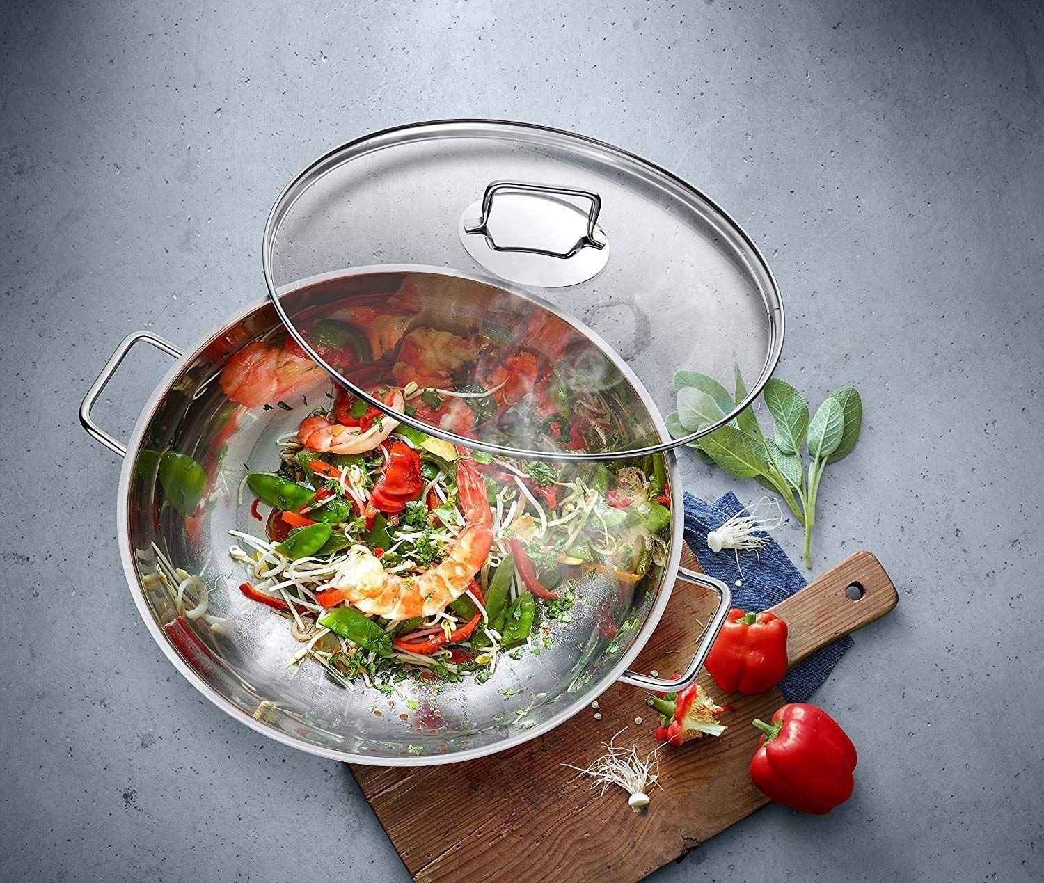 WMF Macao Woki Komplekt Induktsioon 2-osaline, 36 cm wokpann klaaskaanega, poleeritud Cromargan roostevaba teras, katmata – detailne vaade