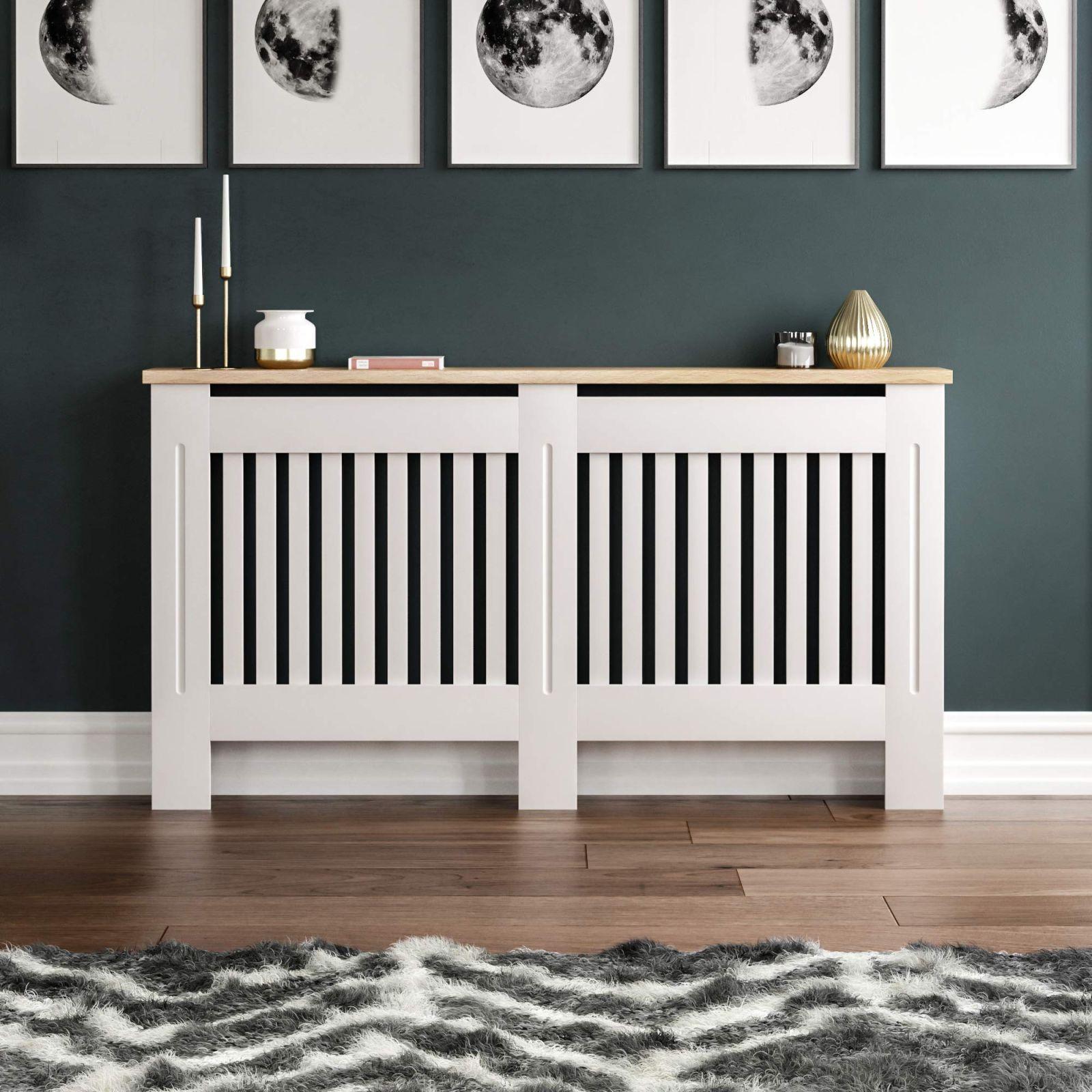 Vida Designs Arlington radiaatorikate, modernne, valge lakitud, MDF-kapp, liistud, sooned, pealmine puidust riiul, suur – pilt 7