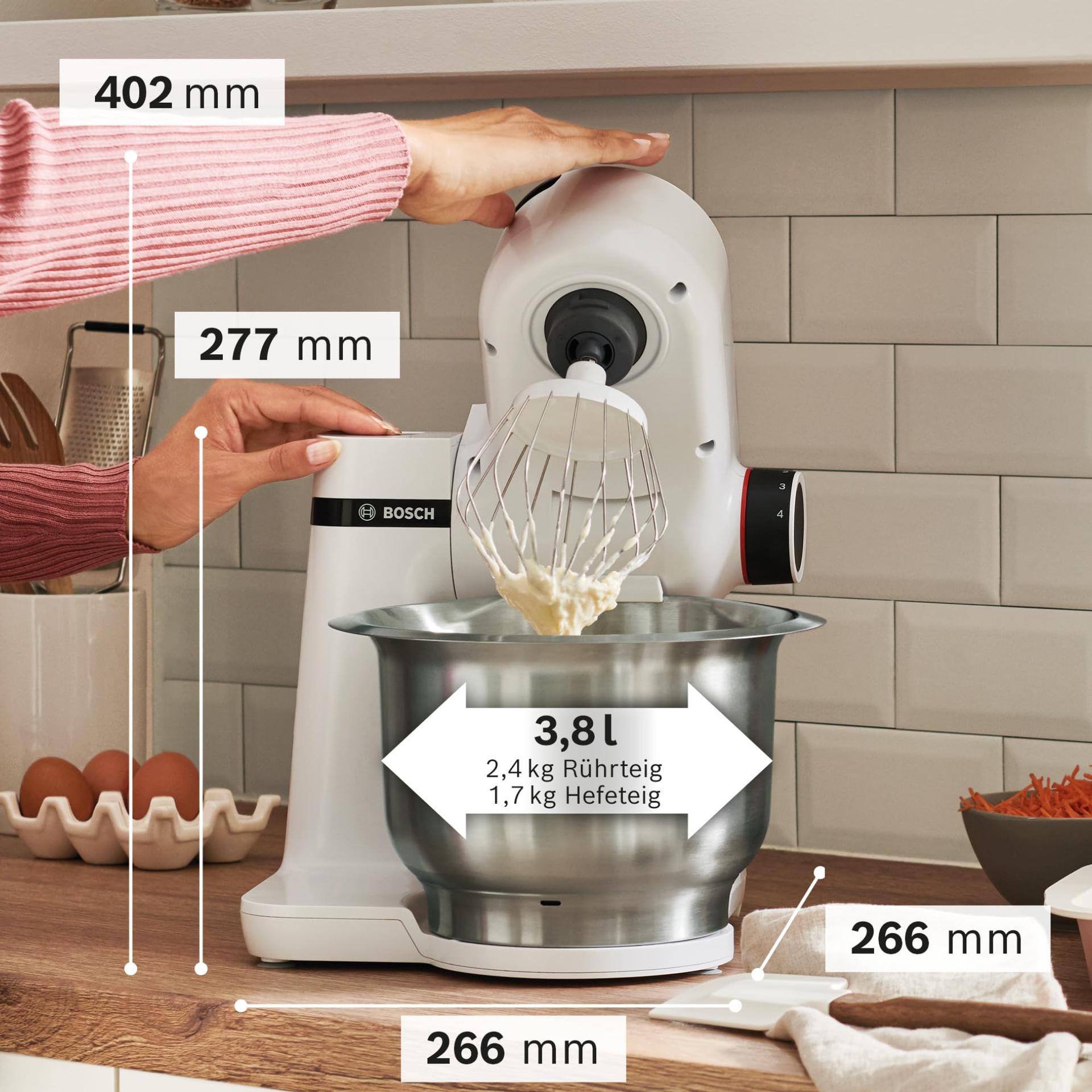 Bosch köögikombain Serie 2 MUMS2EW00, roostevabast terasest kauss 3,8 L, planetaarne segamissüsteem, taignakonks, vispel ja segamisvispel, 4 kiirust, laiendatav lisatarvikutega, 700W, valge – pakend ja tarvikud