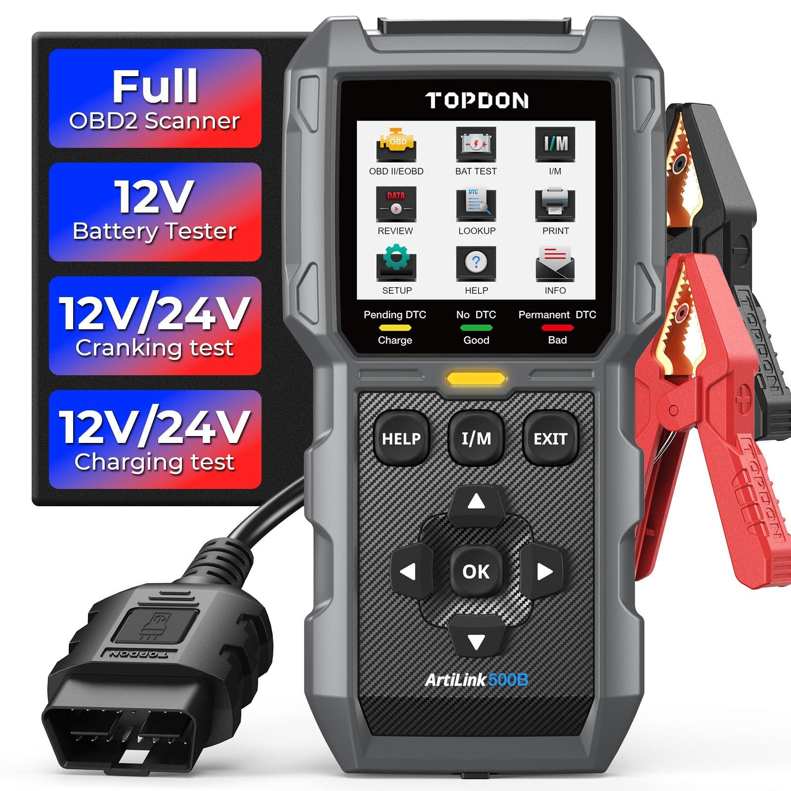 TOPDON AL500B OBD2 Diagnostikaseade ja akutestri 2-ühes, diagnostikaseade autole kõigi OBD2 funktsioonidega, 12V akude test, 12V/24V käivitus- ja laadimistest