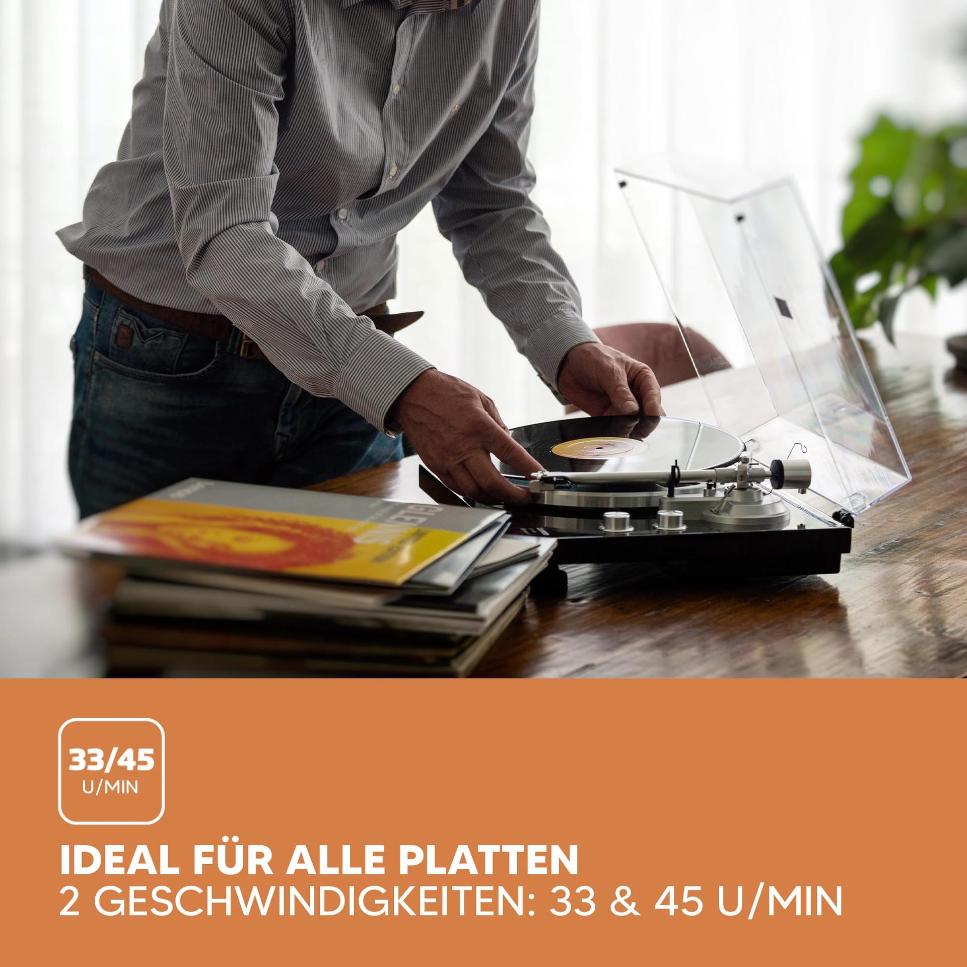 Lenco LBT-188 Plaadimängija – Bluetooth-plaadimängija – Rihmülekanne – 2 kiirust 33 ja 45 p/min – Anti-Skating – Vinüülplaatide digitaliseerimine MP3-ks – Tumepruun, LBT-188 WA, Pähkel – kasutusnäide