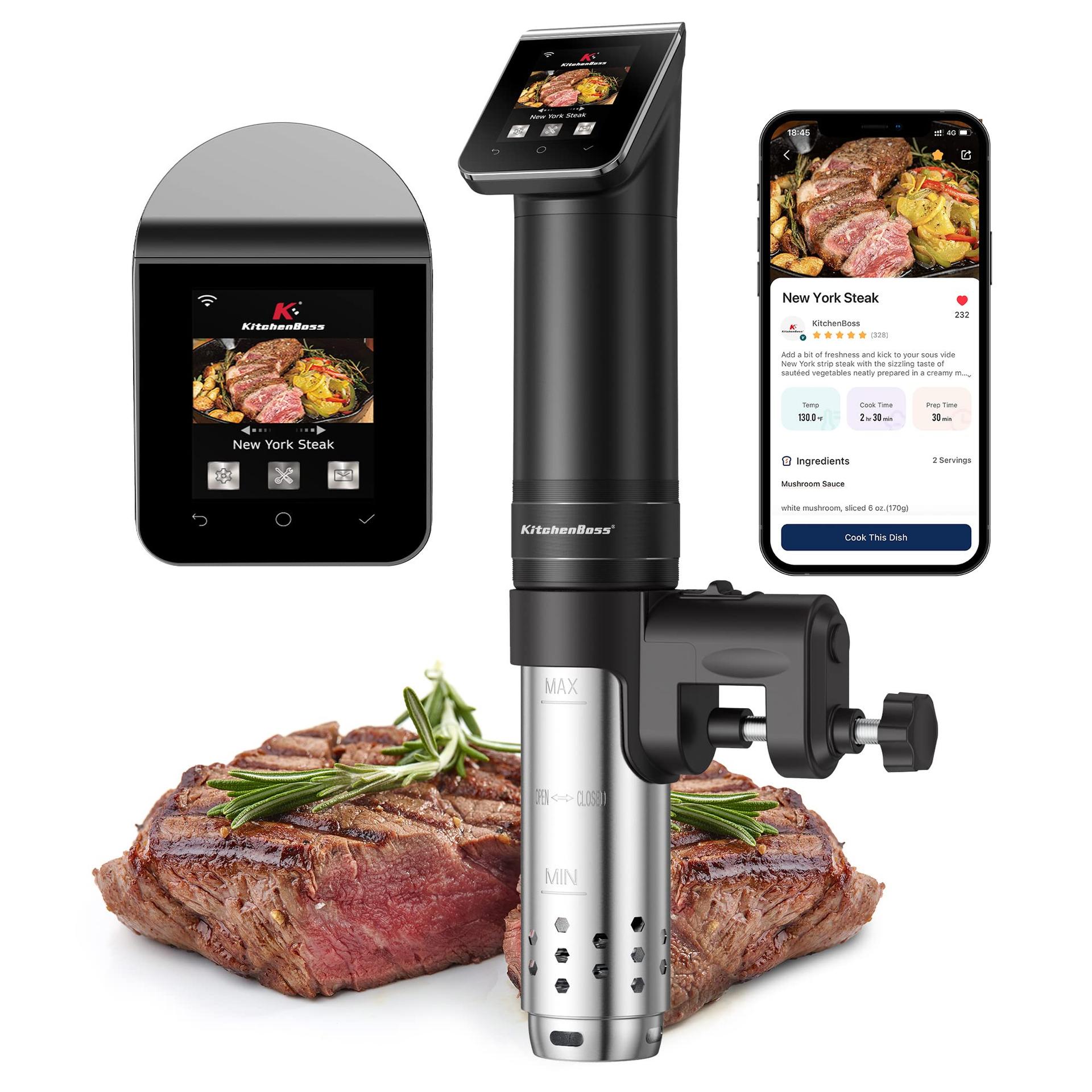 KitchenBoss Sous Vide keetmispulk WLAN: G330 WiFi täpne küpsetaja – temperatuuri reguleerimine kuni 90°C, veekindel IPX7, TFT puutetundlik ekraan, 360° tsirkulatsioon taimeriga