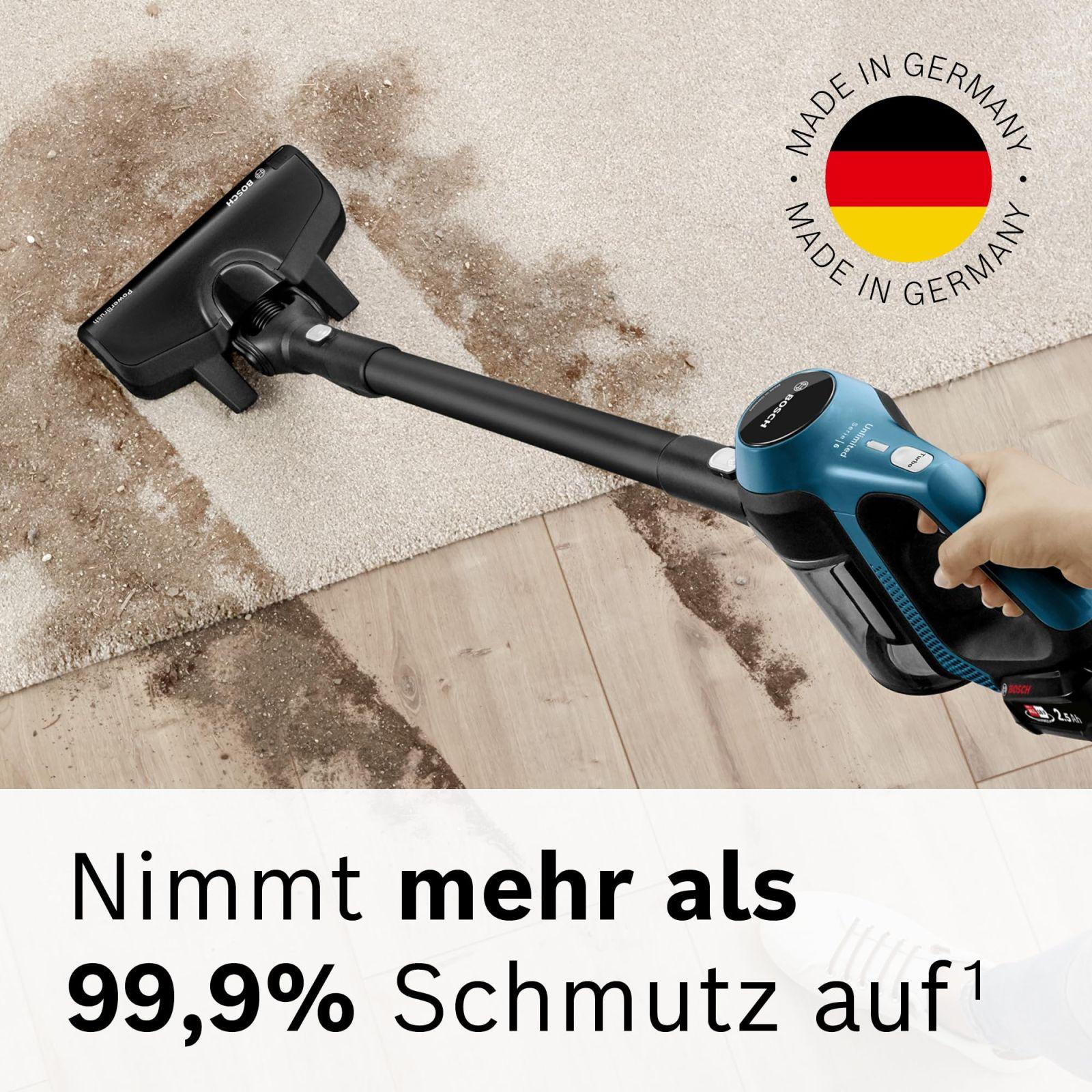 Bosch juhtmevaba tolmuimeja Unlimited Serie 6 BKS6111P, käsitolmuimeja, tolmukotita, kerge, hügieenifilter, kõrge imemisvõimsus, pikk tööaeg, piluotsik, kõikidele põrandatüüpidele, sinine – pakend ja tarvikud