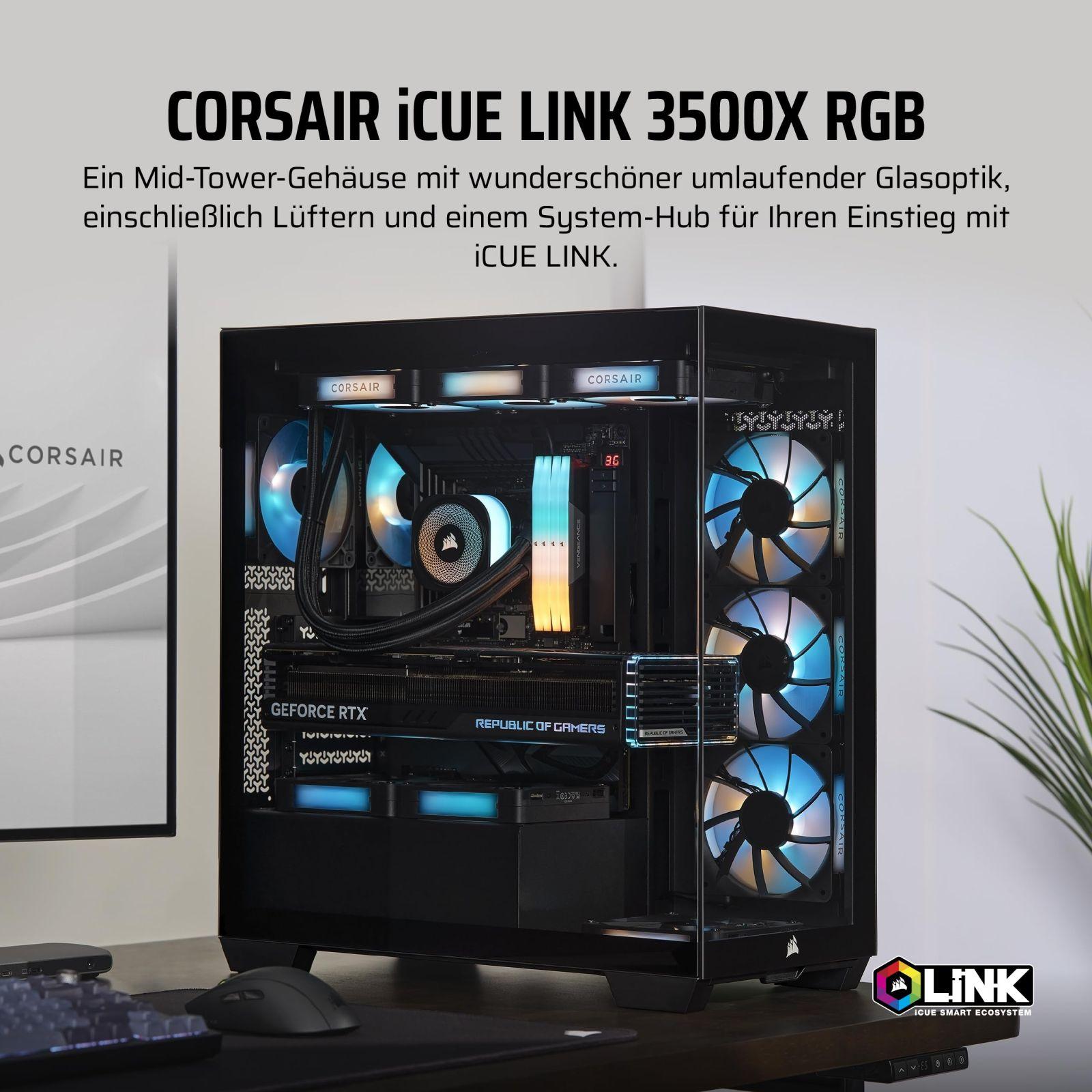 CORSAIR iCUE LINK 3500X RGB Mid-Tower ATX Arvutikorpus – Karastatud Panoraamklaas – Tagurpidi Ühendatav Emaplaat – 3x CORSAIR iCUE LINK RX120 RGB Ventilaatorit Komplektis – Must