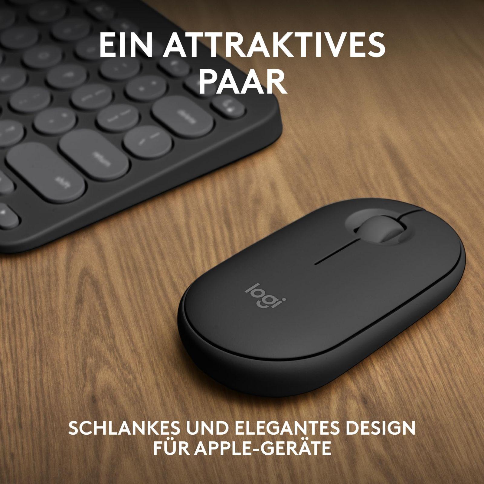 Logitech Pebble 2 Combo Macile – juhtmevaba klaviatuur ja hiir, stiilne, vaikne ja mobiilne, Bluetooth-ühendusega, kergesti kohandatav, QWERTZ-paigutus, grafiit – pakend ja tarvikud