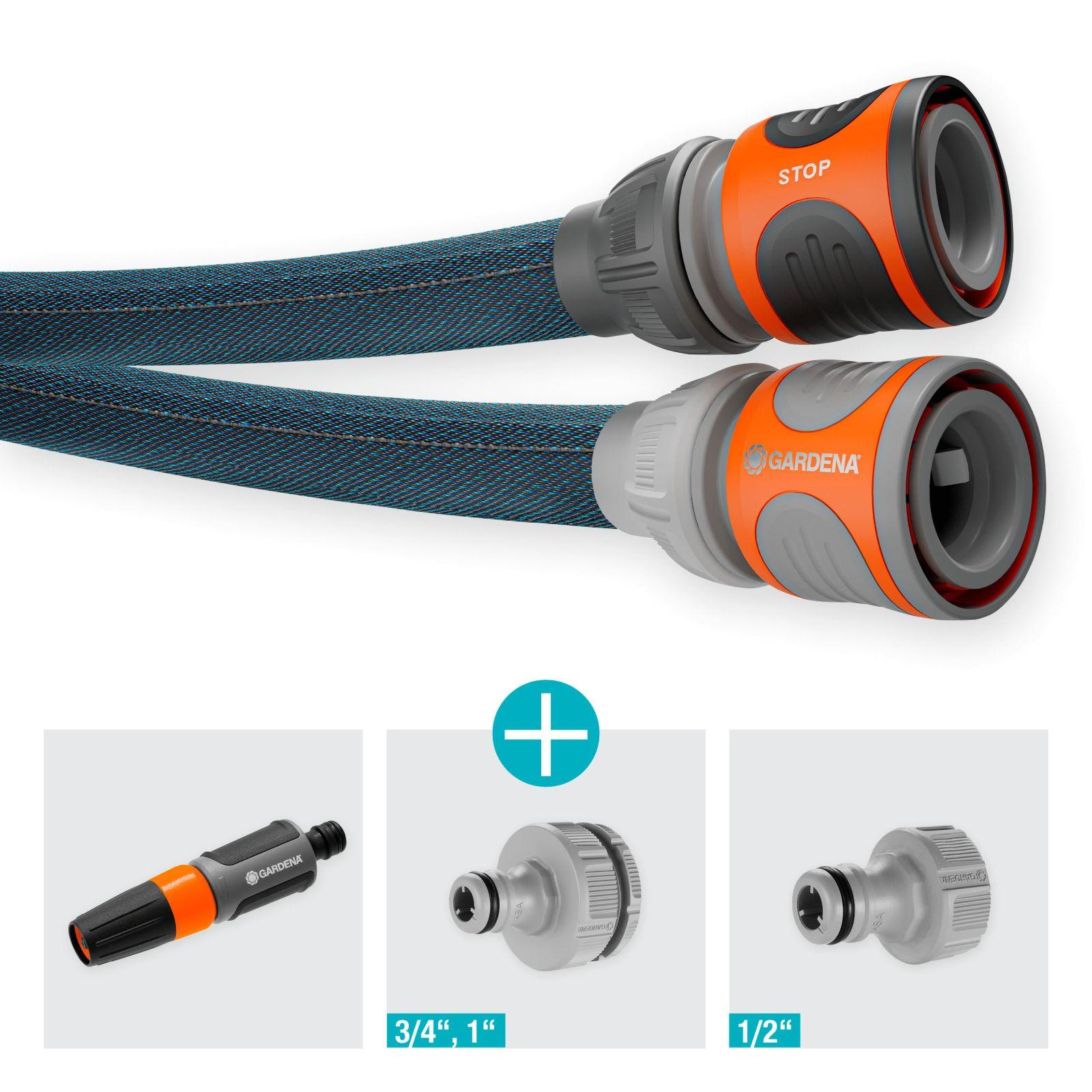 Gardena Liano Xtreme 1/2 tolli, 30m komplekt: Äärmiselt vastupidav aiavoolik tekstiilkattest, PVC-sisemise voolikuga, kerge, ilmastikukindel (18477-20) – pakend ja tarvikud
