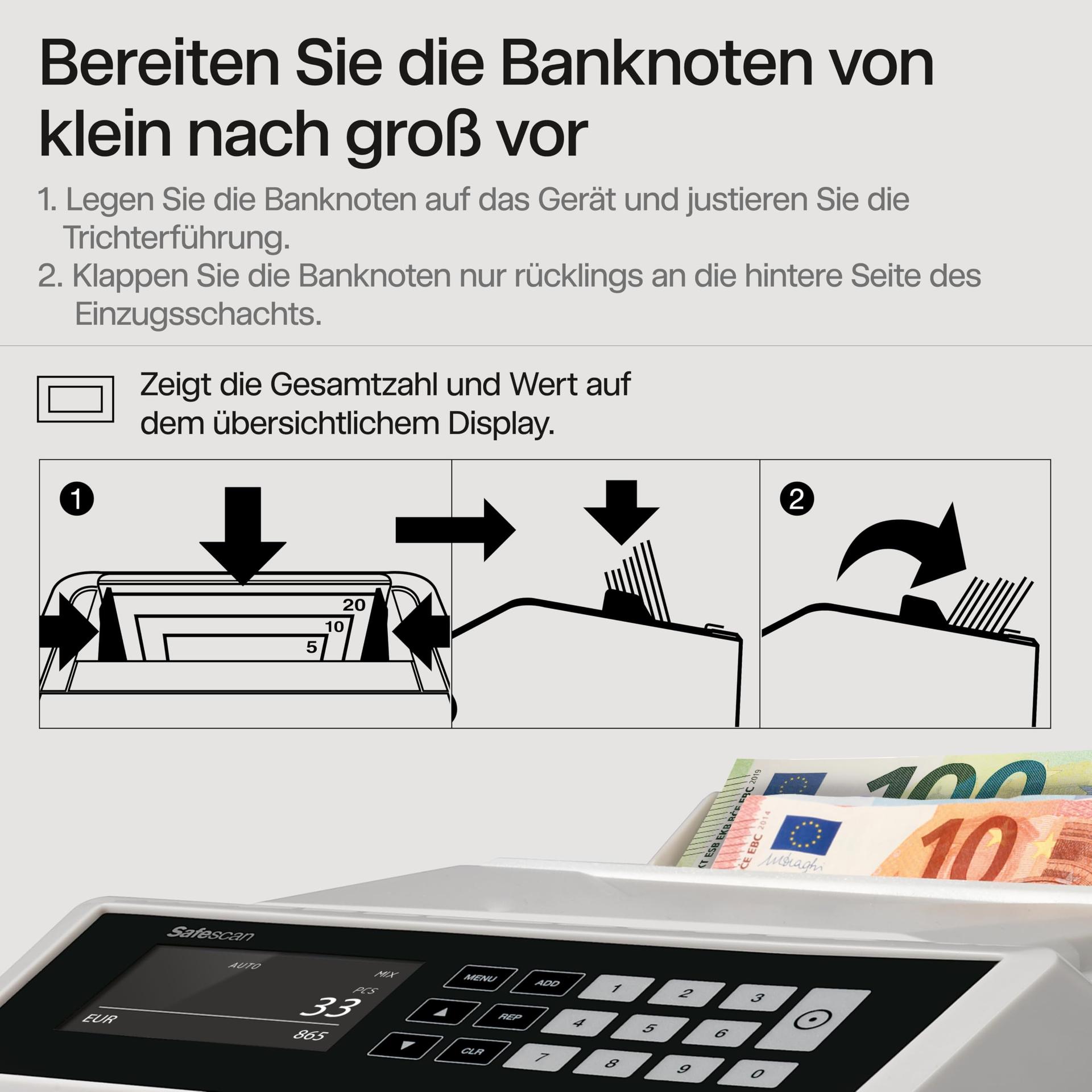 Safescan 2465-S rahaloendur, väärtuse loendamine segatud EUR-pangatähtede jaoks – pangatähtede loendur 7-kordse ehtsuse kontrolliga – lisavaade