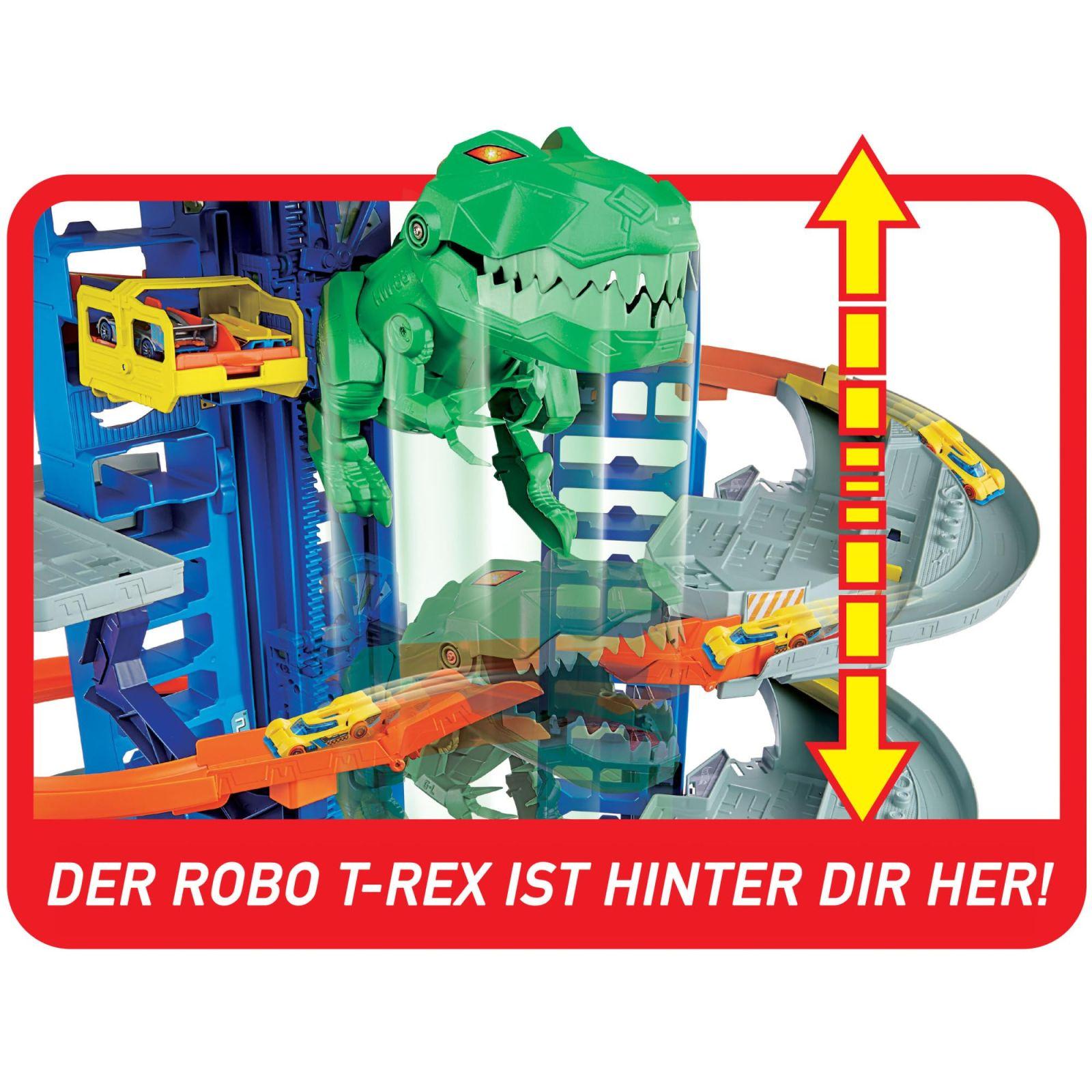 Hot Wheels Garaaž, Hot Wheels Parkla koos 2 mänguautoga, mitmekorruseline autorada, T-Rexi rünnak ja ruumi +100 autole, kõrgus: 90 cm, mänguasi alates 5. eluaastast, GJL14 – pilt 7