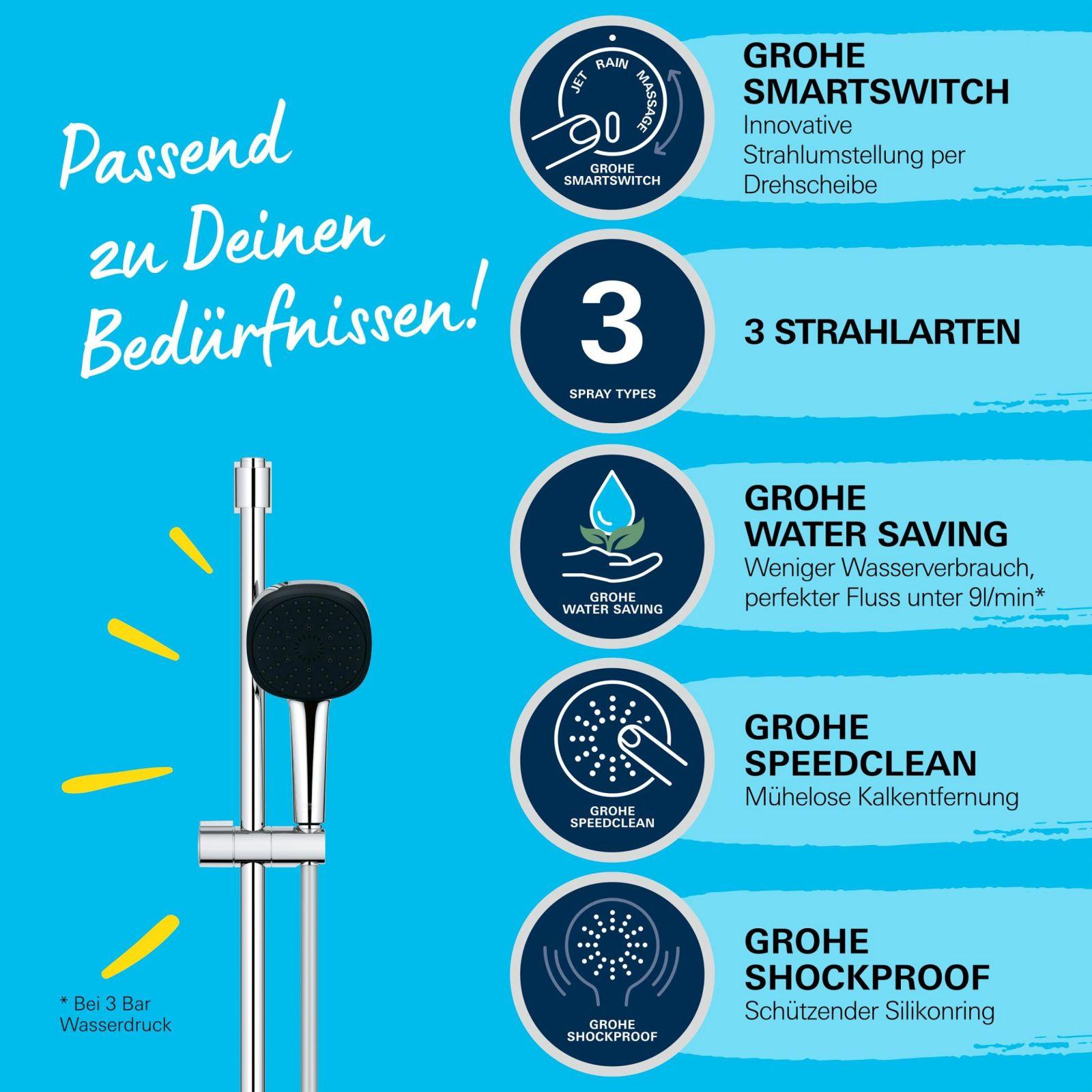 GROHE Vitalio 110 – vee säästev dušikomplekt – 8 l/min (3 pihustusrežiimi, 60 cm dušitoru, kinnitatav liimiga või kruvidega), kandiline, kroom, 26096001 – kasutusnäide