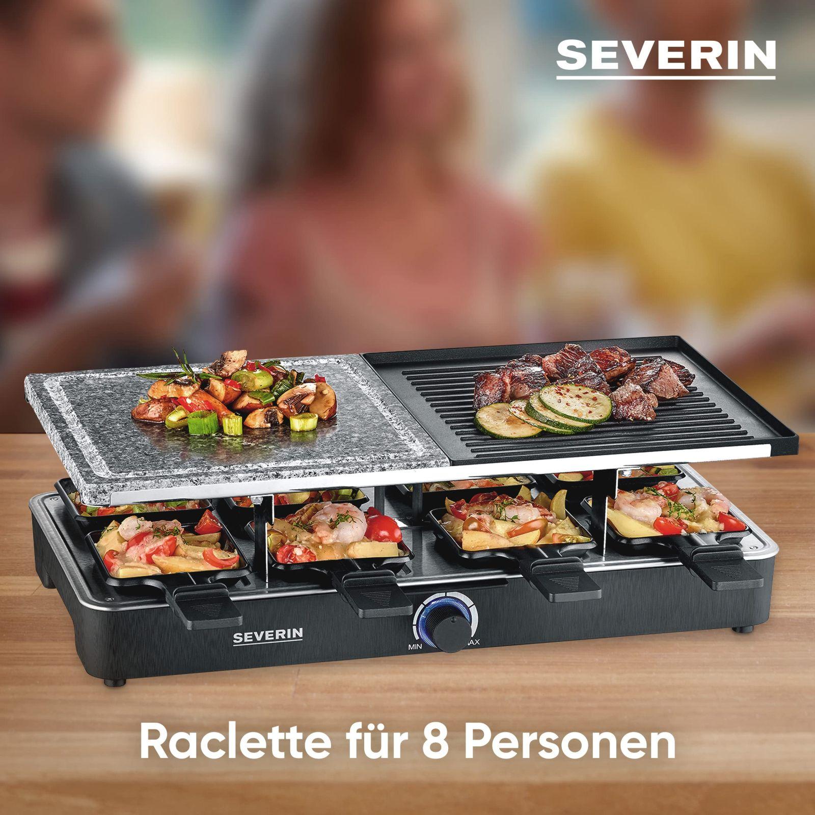 SEVERIN Raclette-Grill loodusliku grillikivi ja grillplaadiga, raclette mittenakkuva grillplaadiga ja 8 panniga, lauagrill 8 inimesele, max. 1300 W, must, RG 2371 – kasutusnäide