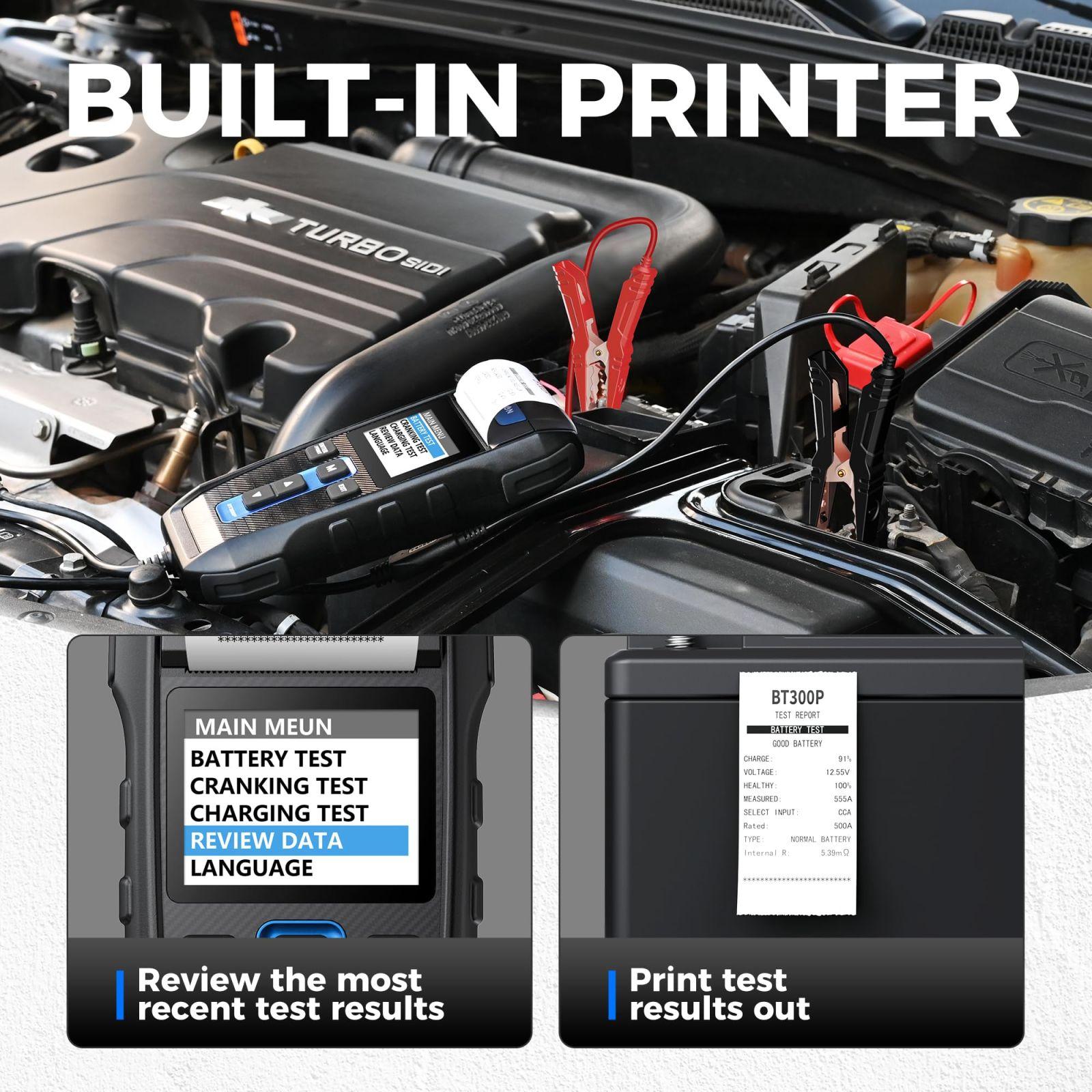 Autobatteriide tester 12V 24V TOPDON BT300P, 100-2000CCA akude tester koos printeriga, laadimis- ja käivitusanalüsaator, sobib nii kodukasutajatele kui ka professionaalidele, ideaalne autodele, mootorratastele, maasturitele, veoautodele ja paatidele – kasutusnäide