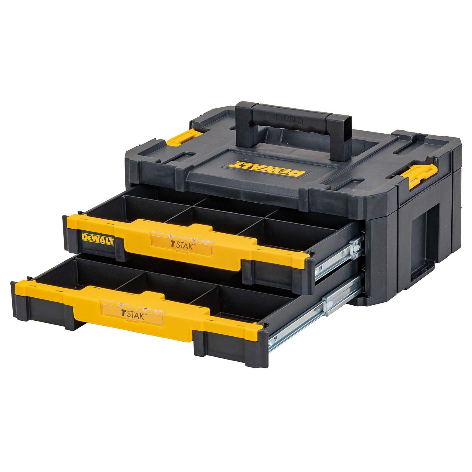 Dewalt T-STAK IV tööriistakast DWST1-70706 (2 sahtliga, eemaldatavad sisemised vaheseinad, sildihoidik, umbes 19 L maht, kandevõime umbes 30 kg, ühilduv T-STAK süsteemiga) – kasutusnäide
