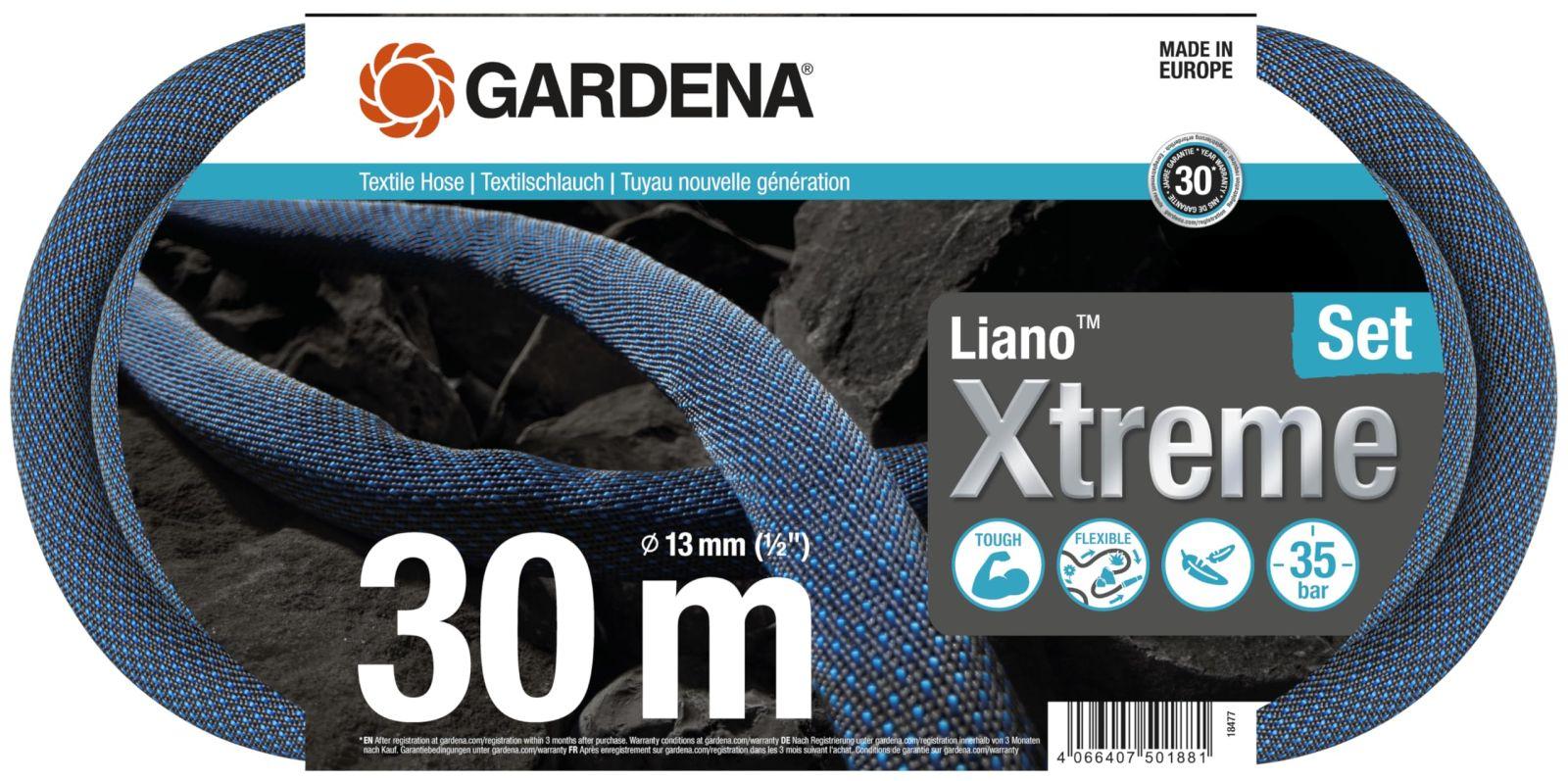 Gardena Liano Xtreme 1/2 tolli, 30m komplekt: Äärmiselt vastupidav aiavoolik tekstiilkattest, PVC-sisemise voolikuga, kerge, ilmastikukindel (18477-20)