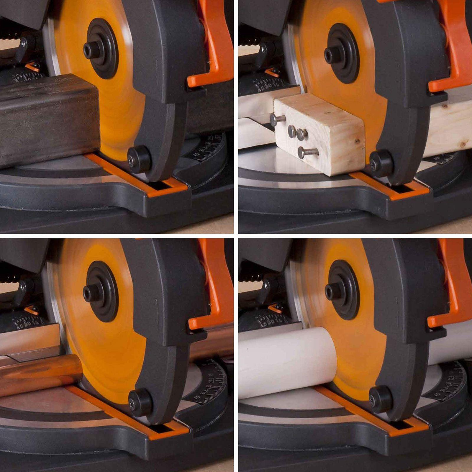 Evolution nurksaag R210CMS | 1200 W nurksaag | Komplektis Ø 210 mm HM-saeketas | Lõikab puitu, alumiiniumi, terast, plastikut | 0°- 45° kalde- ja 45°-45° nurklõiked | Kappsäge – pilt 6