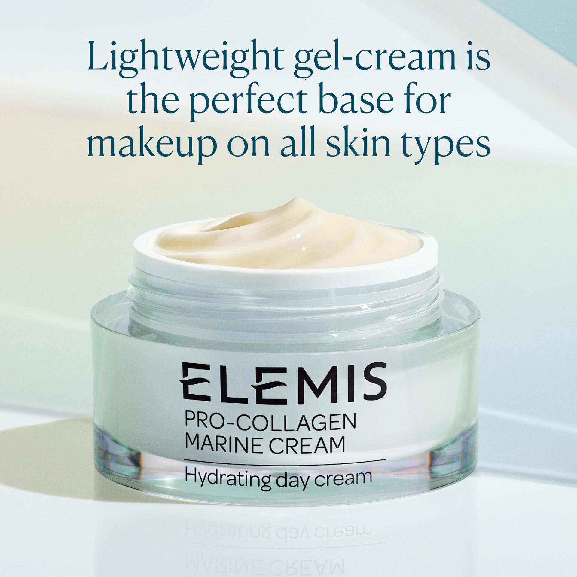 Elemis Pro-Collagen Marine Kreem, Anti-Kortsude Igapäevane Näoniisutaja, Niisutav Ultra-Kerge Geel-Kreem, Siledaks, Säravaks ja Nooruslikuks Nahaks, Sobib Kõigile Nahatüüpidele, 100 ml – pakend ja tarvikud