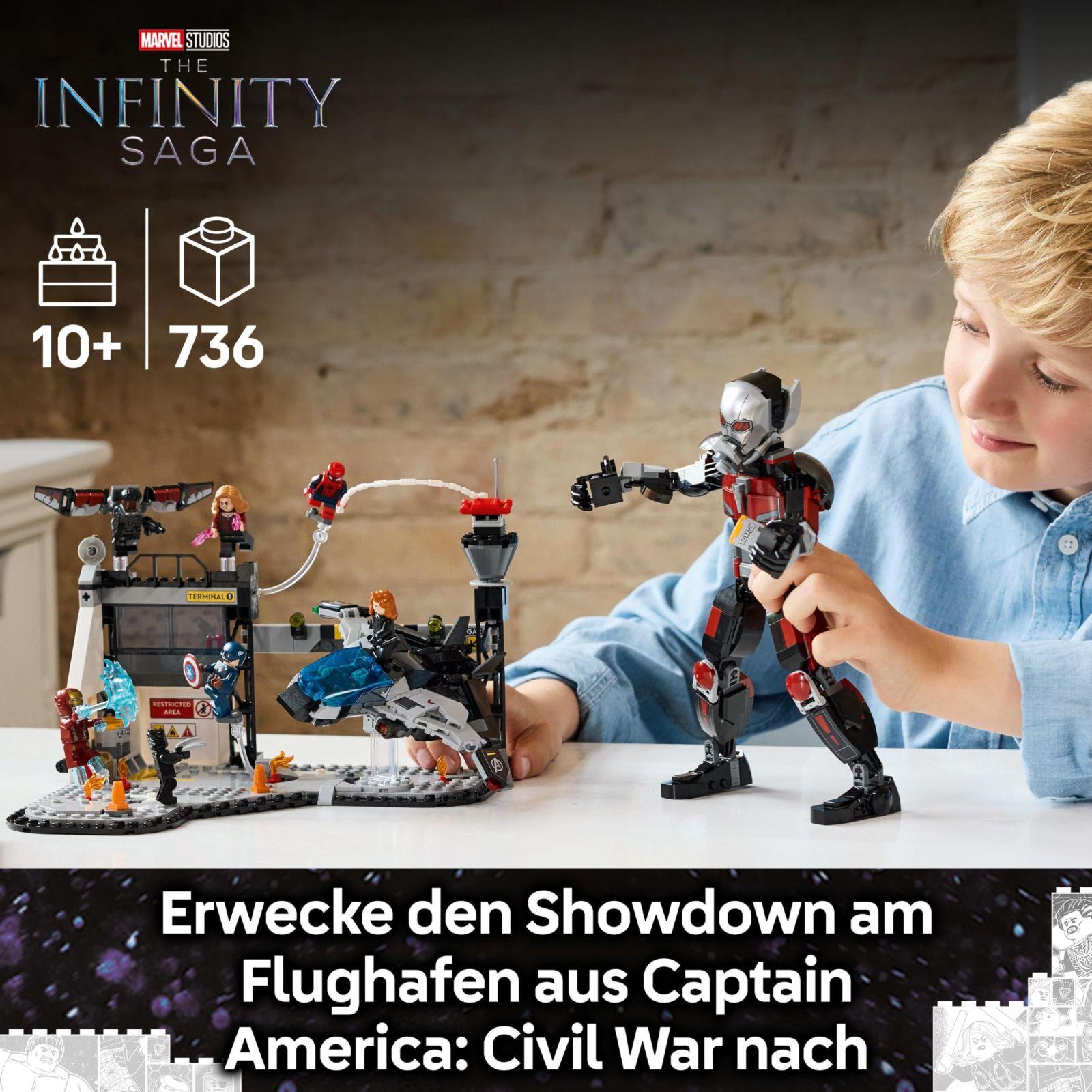 LEGO Marvel Kapten Ameerika: Kodusõda – Superkangelaste mängukomplekt 8 minifiguuriga ja mängulennukiga – Kingitus poistele ja tüdrukutele 76314 – pakend ja tarvikud
