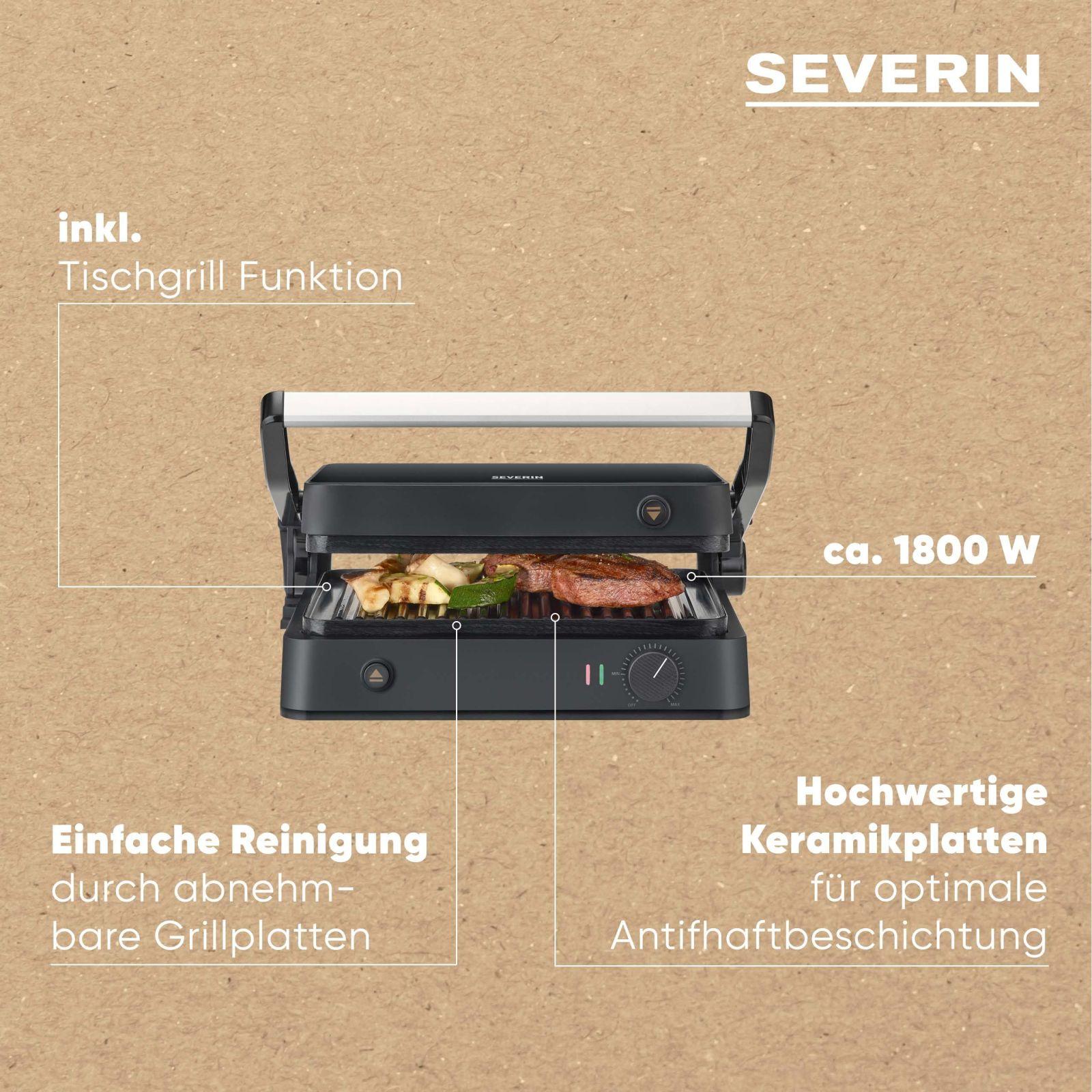 SEVERIN SEVINI Lite kontaktgrill – liha, kala ja köögivilja grillimiseks, keraamilise kattega võileivagrill rasvavabaks grillimiseks, sisetingimustes kuni 220°C, 1.800 W, must, KG 2398 – kasutusnäide