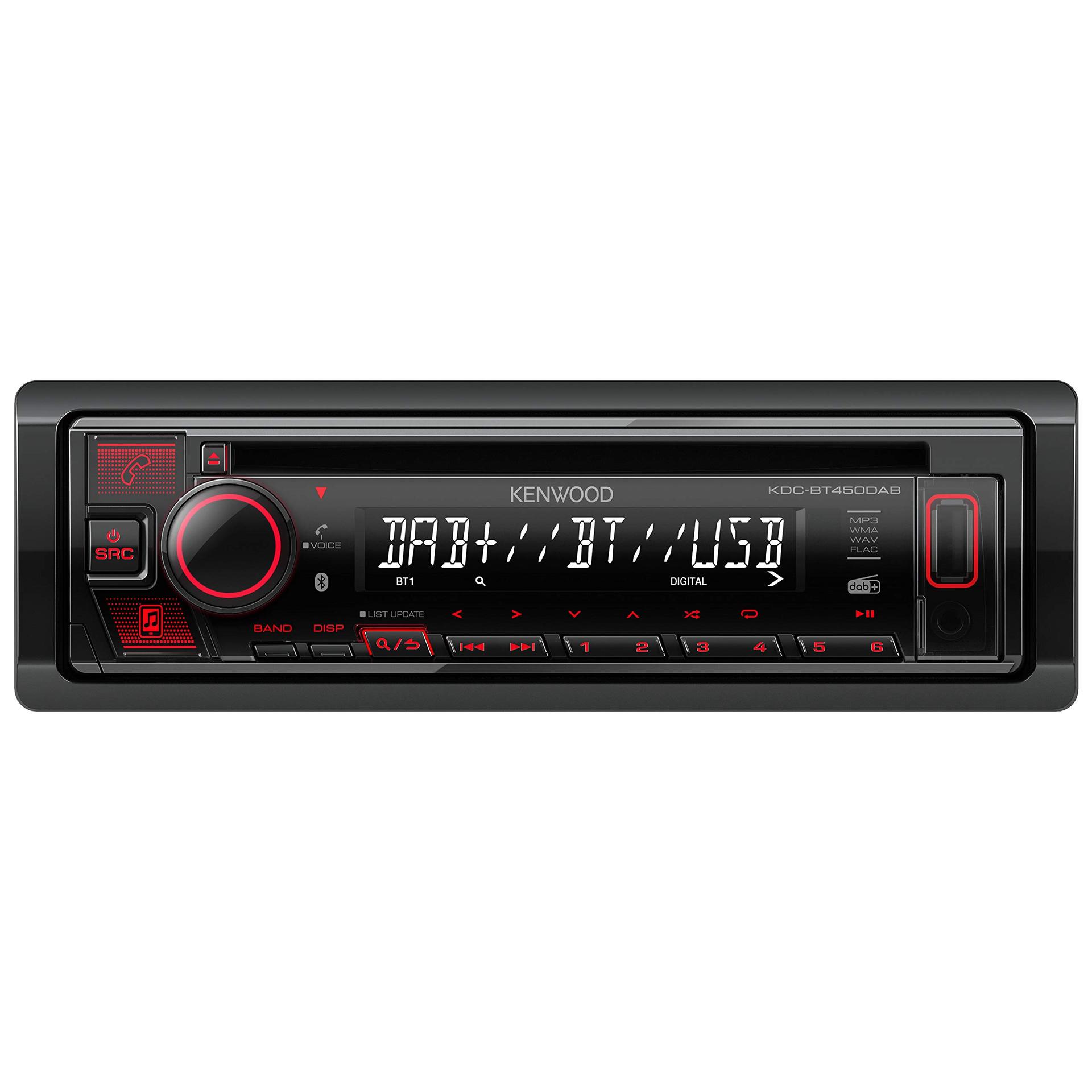 Kenwood KDC-BT450DAB CD-autoraadio DAB+ ja Bluetooth käed-vabad funktsiooniga (suure jõudlusega tuuner, heliprotsessor, USB, AUX, Spotify juhtimine, 4×50 W, punane taustavalgustus) – detailne vaade