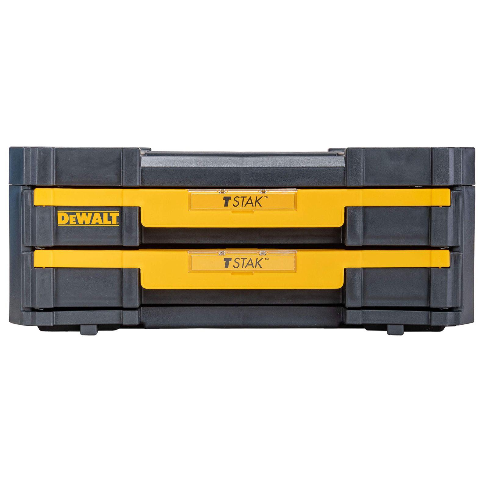 Dewalt T-STAK IV tööriistakast DWST1-70706 (2 sahtliga, eemaldatavad sisemised vaheseinad, sildihoidik, umbes 19 L maht, kandevõime umbes 30 kg, ühilduv T-STAK süsteemiga) – pakend ja tarvikud