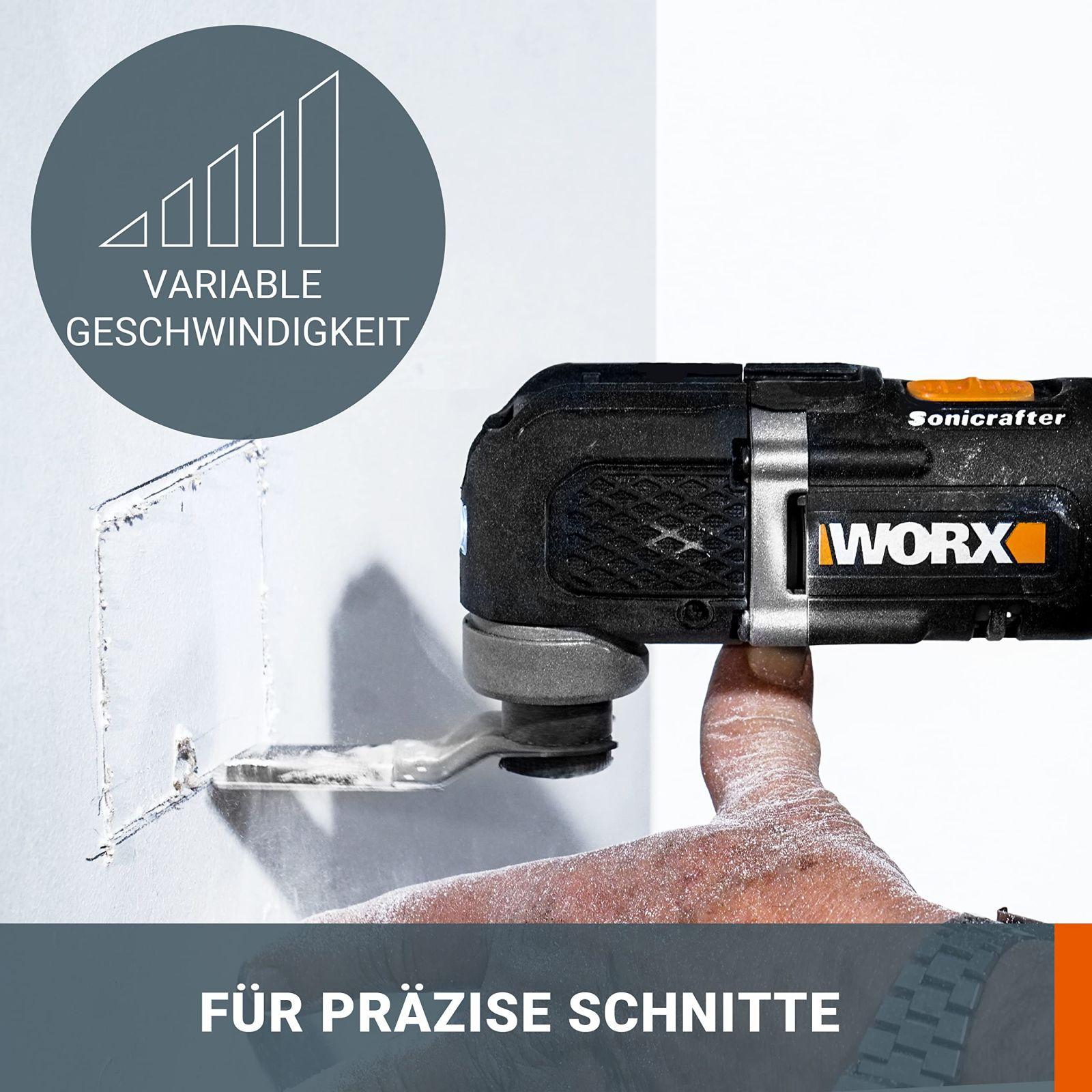 WORX WX696.9 Aku-Multifunktsionaalne Tööriist – Elektriline 20V Tööriist Lõikamiseks, Saagimiseks, Kraapimiseks ja Lihvimiseks – Ilma Aku ja Laadijata – pakend ja tarvikud