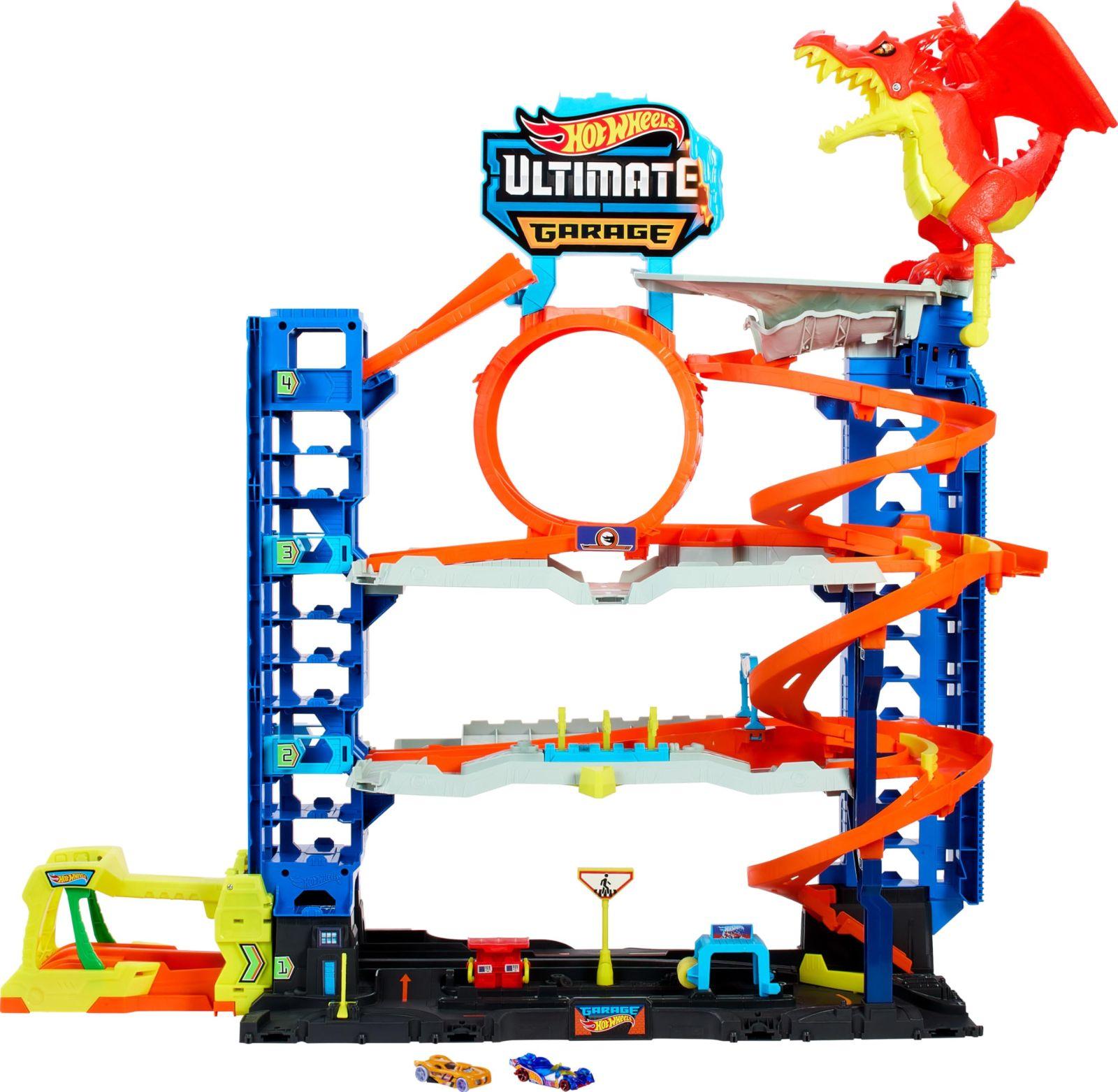 Hot Wheels Let’s Race Netflix – Ülim Garaaž – Mitmetasandiline parkla, 91 cm kõrge, 2 Die-Cast autot, alates 5. eluaastast, võidusõidulust, triki-seiklused, draakonivõitlus, autopesula, lift, HKX48 – pilt 6