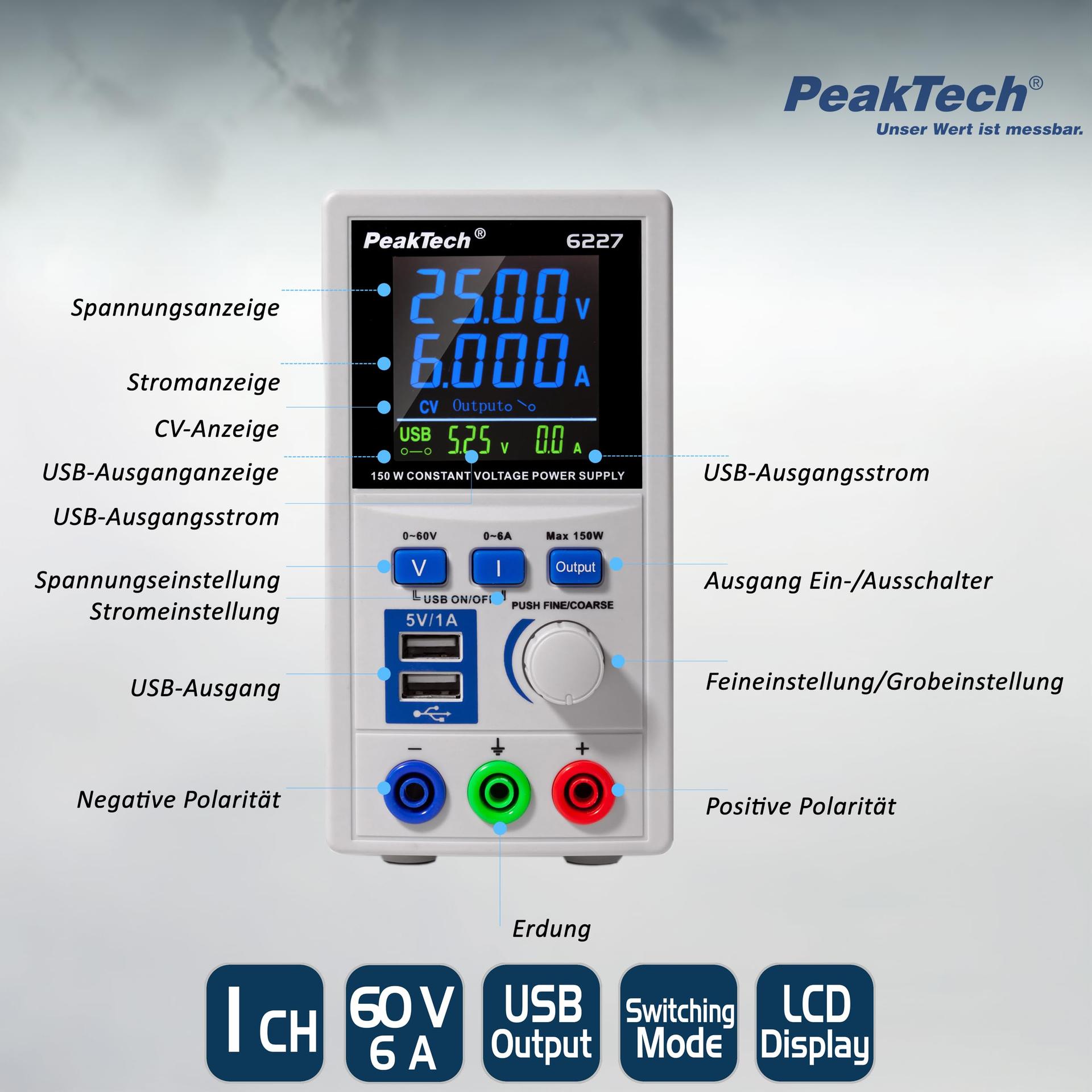 PeakTech P 6227 – DC Laboritoite Toiteplokk 0-60V/0-6 A LCD Ekraan, Laborivõrgutoiteplokk 2x USB-pordiga, Reguleeritava Väljundpingega Toiteallikas, Sisendpinge 115-240V AC 50-60Hz EN 61010-1 – pakend ja tarvikud