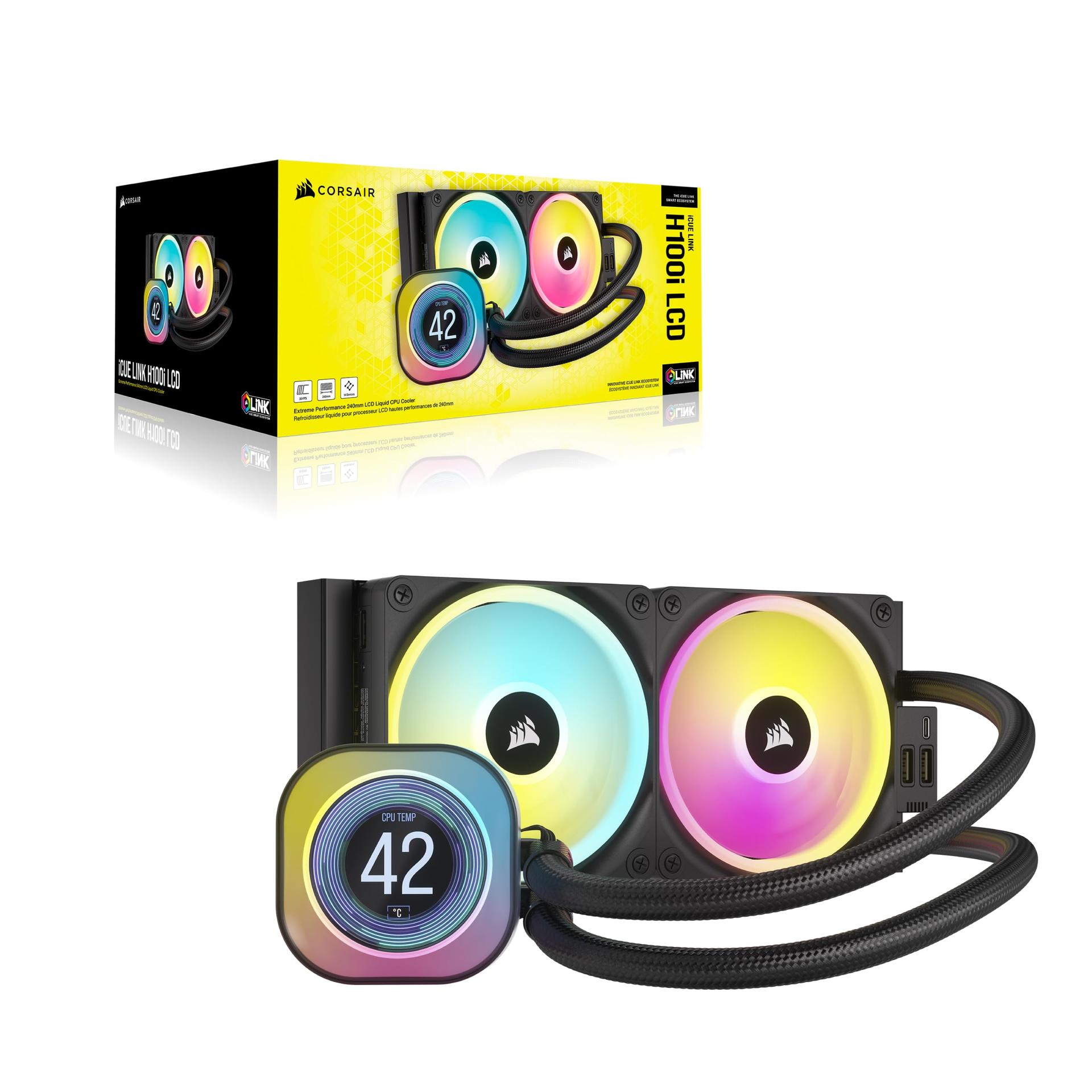 CORSAIR iCUE LINK H100i LCD Vedelikjahutusega CPU Cooler – 240mm AIO – QX120 RGB ventilaatorid – 2,1″ IPS-LCD ekraan – Sobib Intel LGA 1700, AMD AM5 – iCUE LINK süsteemi jaotur kaasas – Must – pilt 9