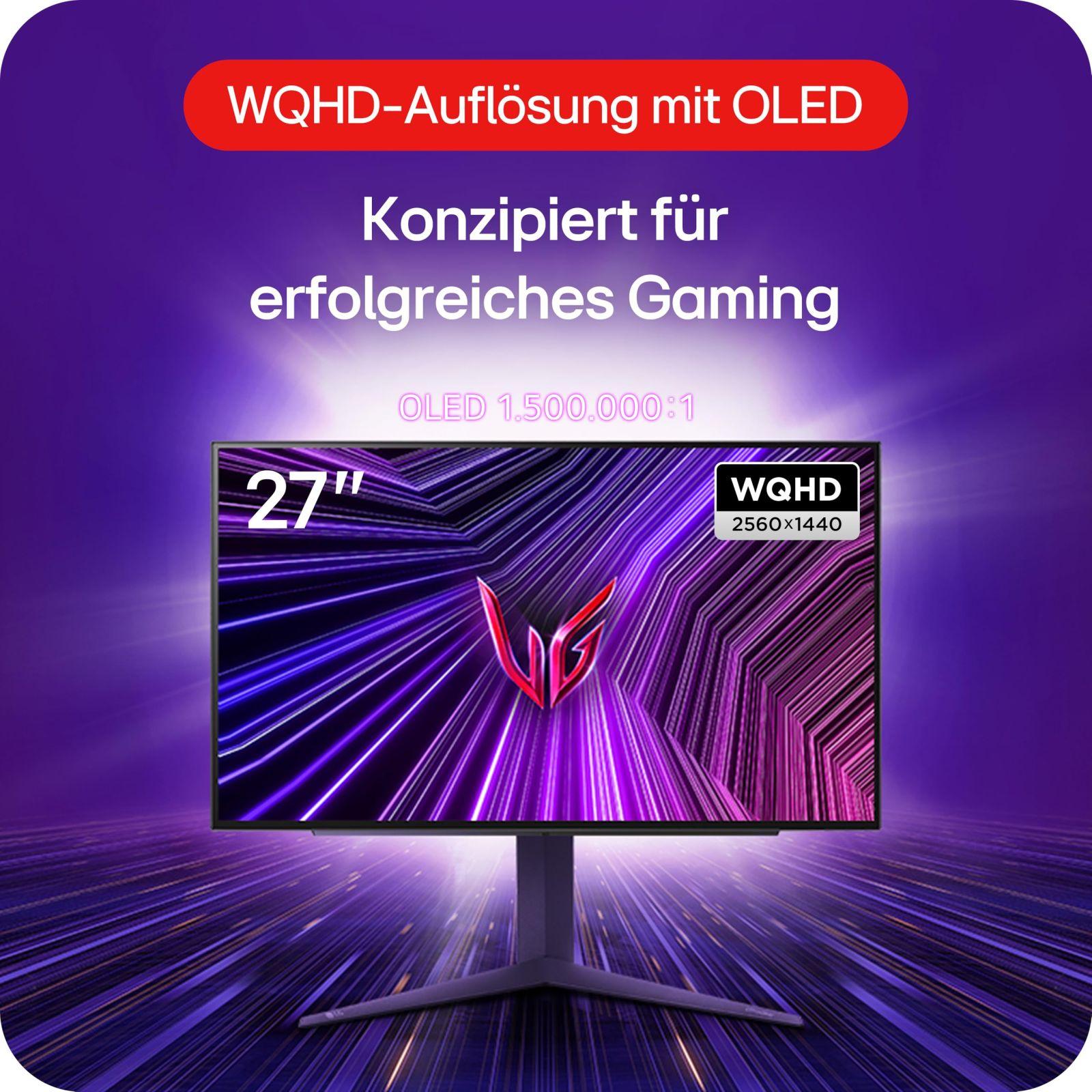 LG Electronics 27GS93QE-B.AEU UltraGear™ OLED mängumonitor 27″, 2560 x 1440, 16:9, 0,03 ms GtG, 240 Hz, HDR10, DisplayHDR™400 TRUE BLACK, DCI-P3 98,5%, NVIDIA G-Sync™, AMD FreeSync™ – Must – pakend ja tarvikud