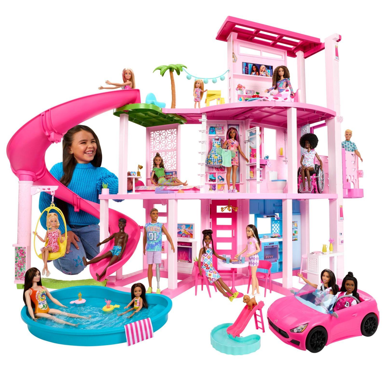 Barbie Unistuste Villa – 3-korruseline Barbie maja 10 mängualaga, bassein, liumägi, lift, 75 nukutarvikut, mängukoer, mänguasi lastele alates 3. eluaastast, HMX10 – pakend ja tarvikud