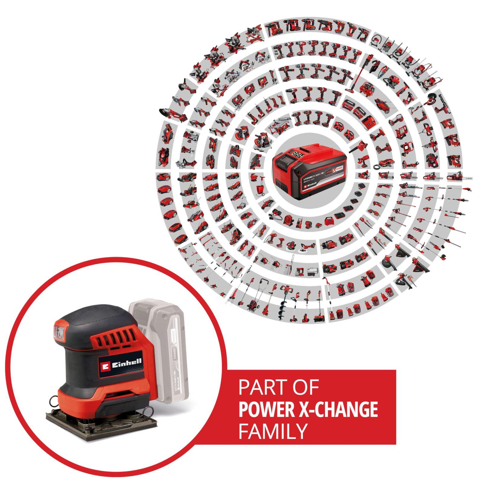 Einhell akuga vibratsioonilihvija TE-OS 18/113 3X Li-Solo Power X-Change (18 V, lihvija, 3 vahetatavat lihvplaati, 1,8 mm võnkeamplituud, tarvikud, ilma akuta) – pakend ja tarvikud