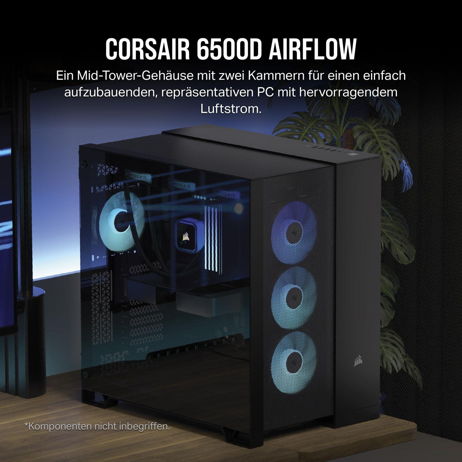CORSAIR 6500D Airflow Mid-Tower ATX arvutikorpus - Ilma ventilaatorita - Kahekambriline disain - Suur jahutuspaindlikkus - Ühildub ümberpööratud ühendusega emaplaatidega - Must