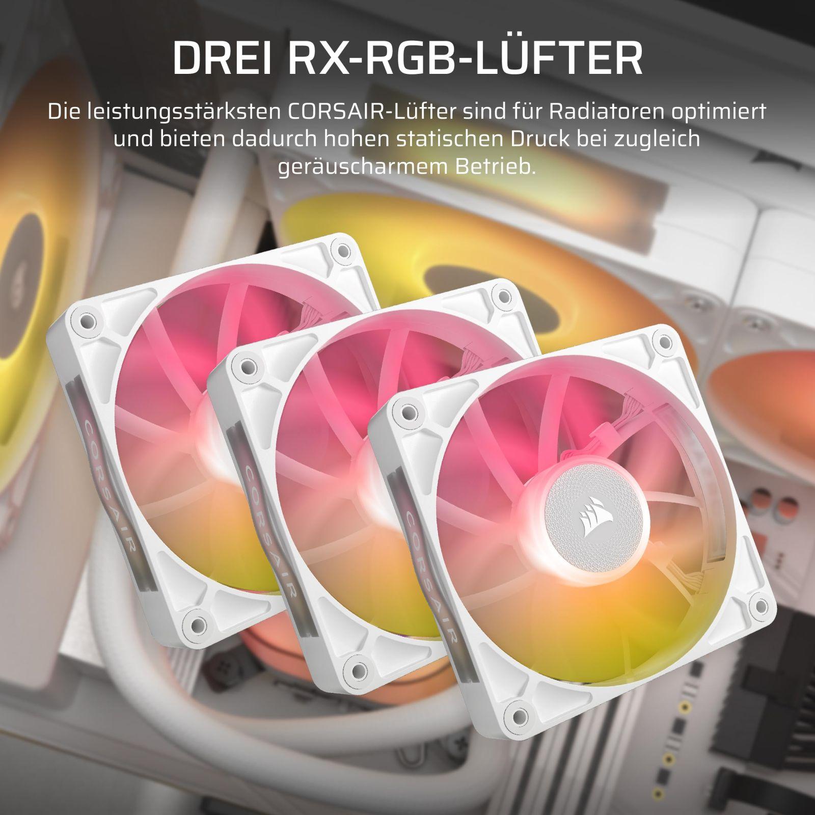 CORSAIR iCUE LINK Titan 360 RX LCD CPU-vedelikjahuti – 360mm AIO – FlowDrive-jahutusmootor – Intel LGA 1851/1700, AMD AM5/AM4 – 3X RX120 RGB-ventilaatorid – iCUE LINK-süsteemi jaotur – Valge – pakend ja tarvikud