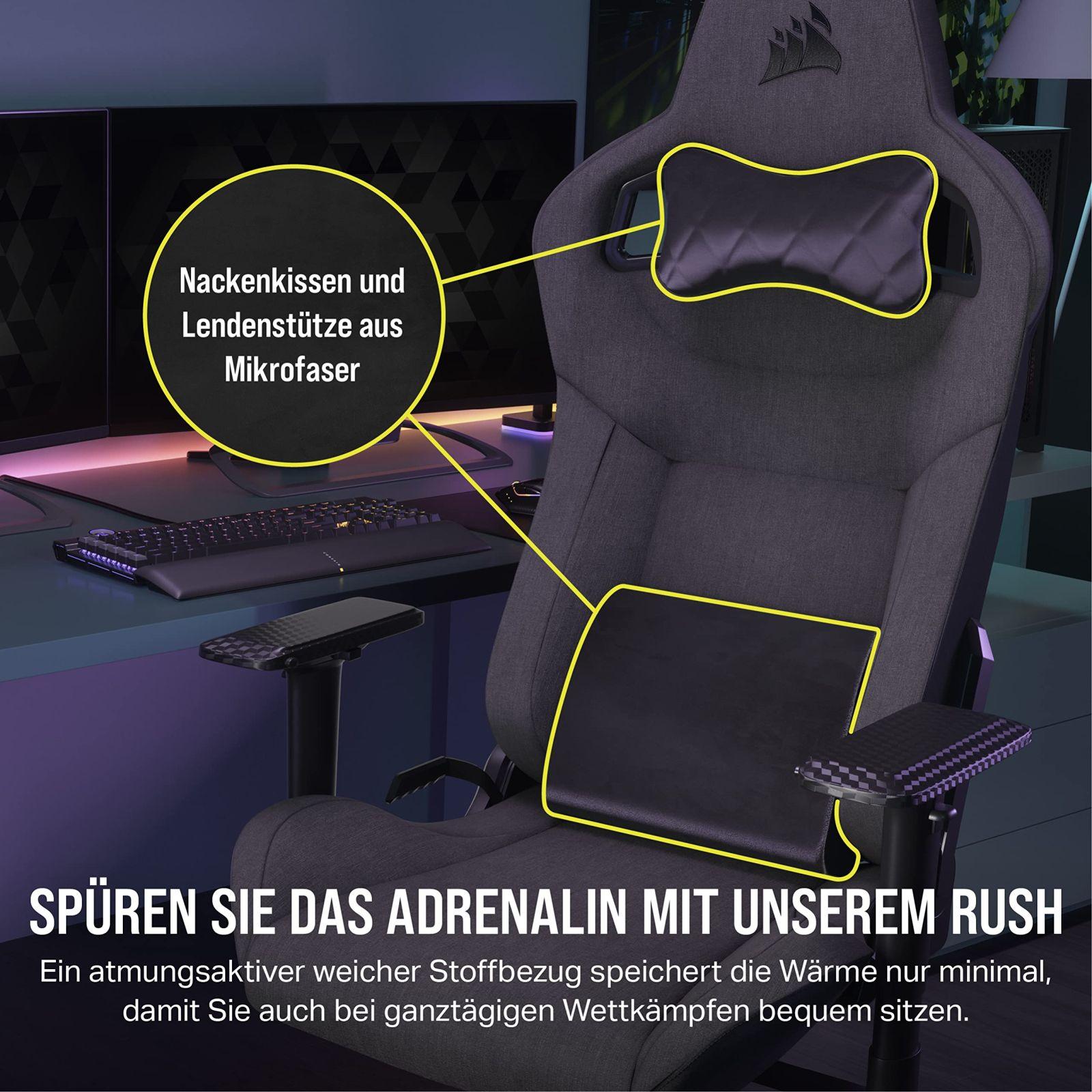 Corsair T3 RUSH Fabric (2023) mängutool – autosportlik disain – pehme kangaskate – eemaldatav kaelapadi ja mäluvahust nimmetugi – antratsiit – kasutusnäide