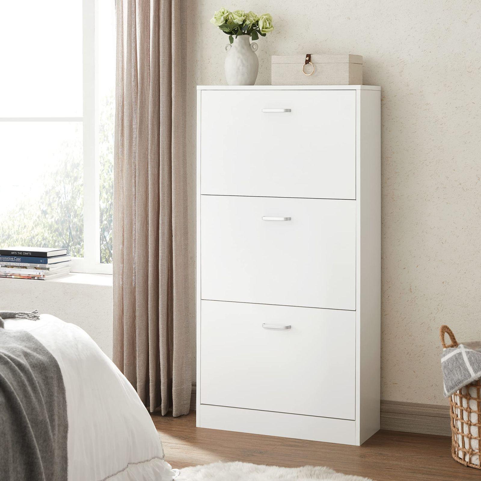 VASAGLE kingakapp 3 klapiga, jalanõude riiul, kitsas kingakummut reguleeritavate riiulitega, valge – esik, koridor, elutuba, magamistuba, 60 x 120 x 24 cm (L x K x S) LBC03WT – pakend ja tarvikud