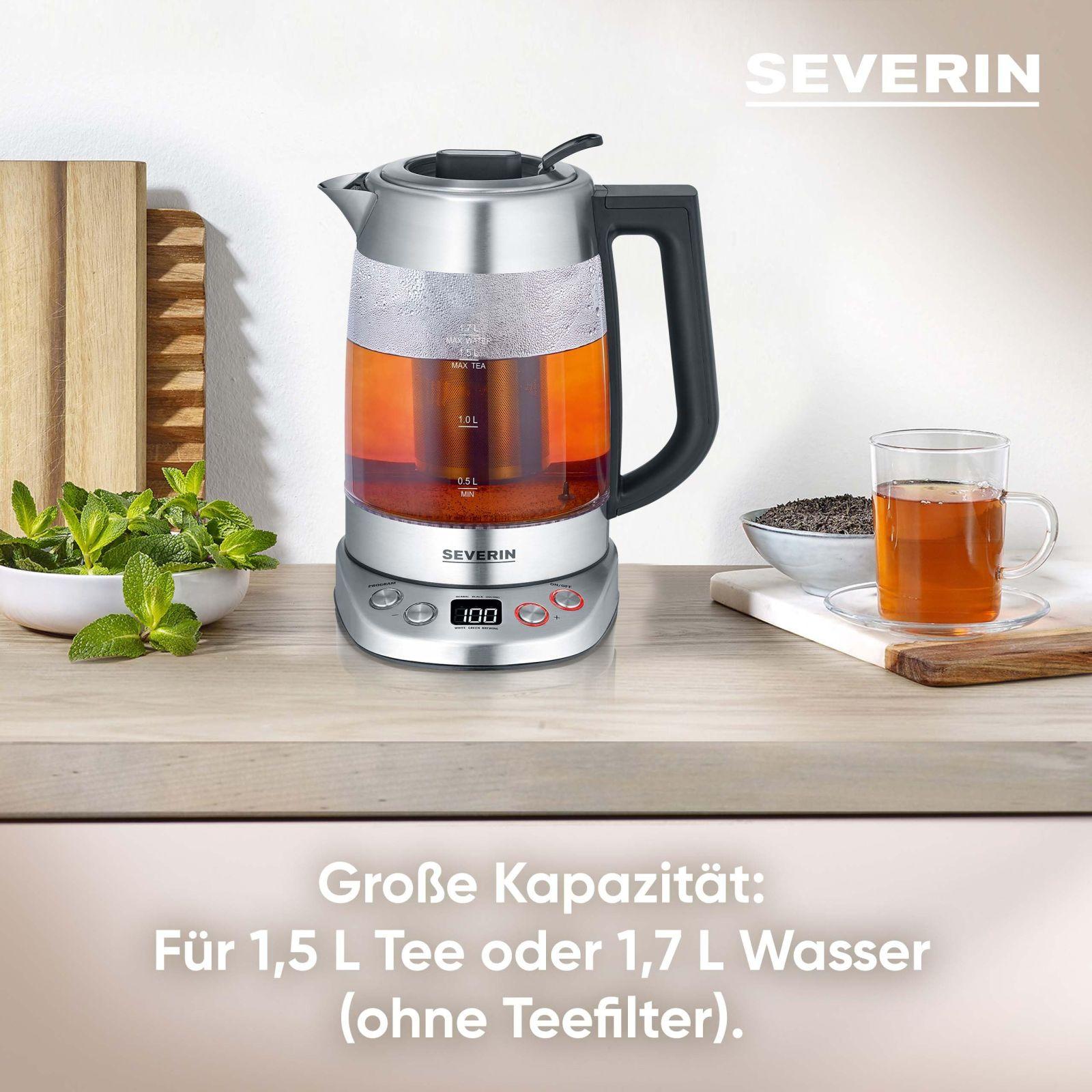 SEVERIN klaasist tee- ja veekeetja Deluxe, teekeetja reguleeritava temperatuuri ja tõmbeajaga, 5 teekava ja soojashoidmise funktsioon, kuni 1,7 L vesi, 3000 W, roostevaba teras, WK 3480 – pakend ja tarvikud