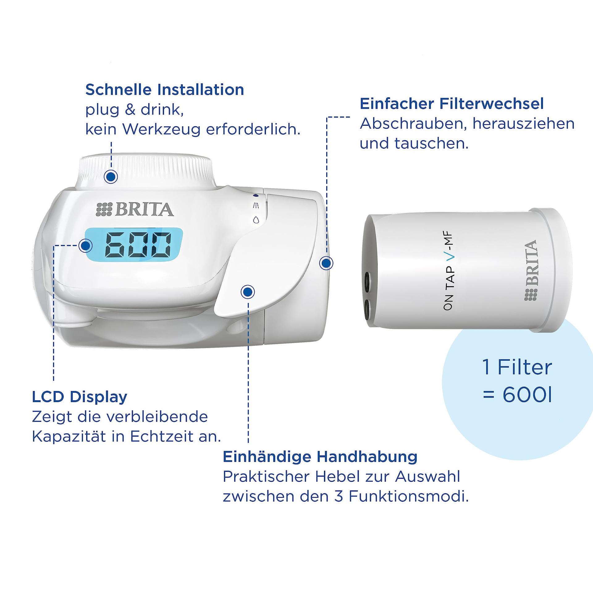 BRITA kraaniveefilter ON TAP Pro V-MF koos 1 filtrikassetiga (600l) – eemaldab 99,99% baktereid, kloori, mikroplasti ja raskmetalle / digitaalne LCD-ekraan näitab järelejäänud mahtu – pilt 6