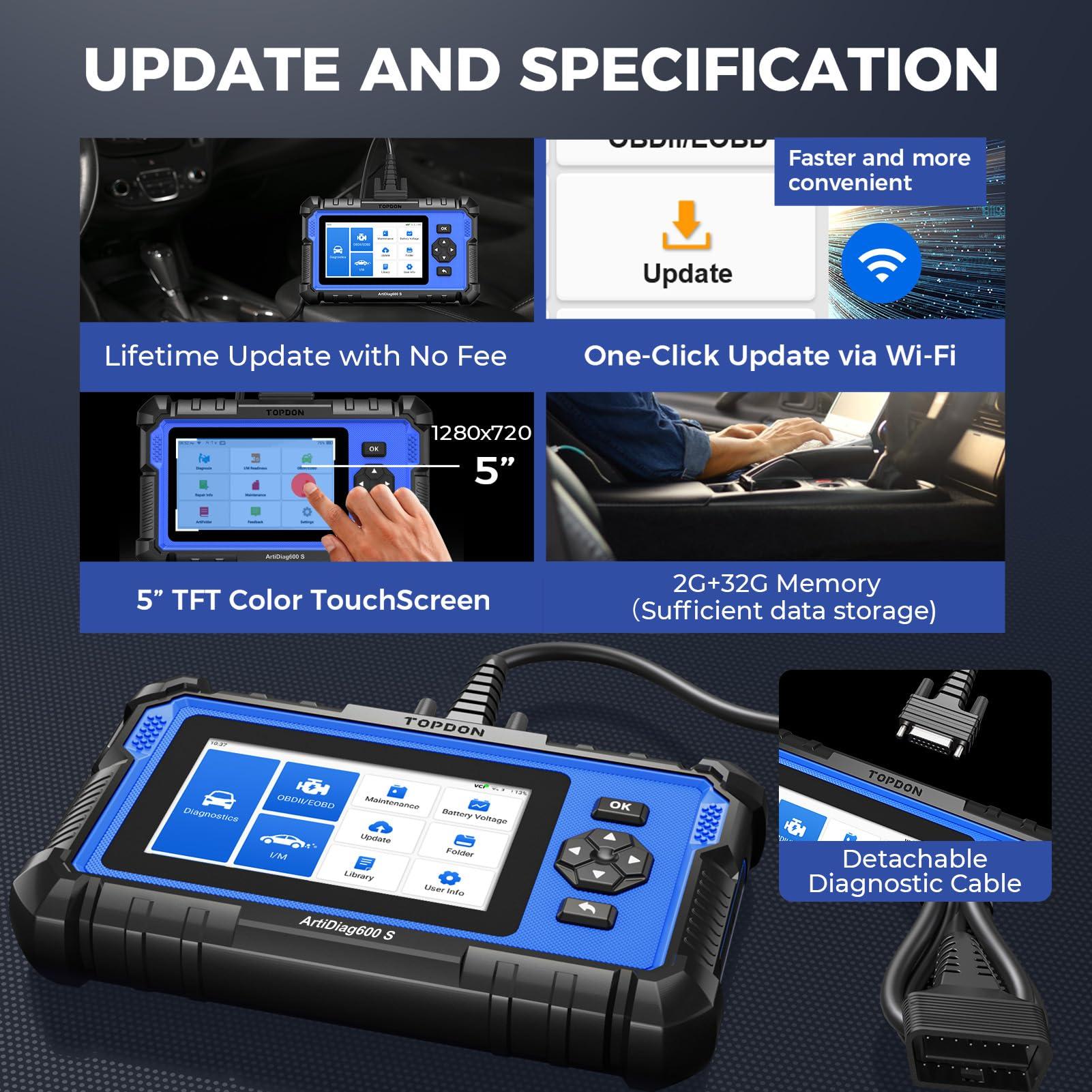 TOPDON AD600S OBD2 diagnostikaseade auto jaoks – 4 süsteemi diagnostika (ABS, SRS, mootor ja käigukast), 9 hooldusfunktsiooni (õli, BMS, ABS, DPF, TPMS, SAS, pidurite lähtestamine, drosselklapi kohandamine, pihusti kodeerimine) – lisavaade