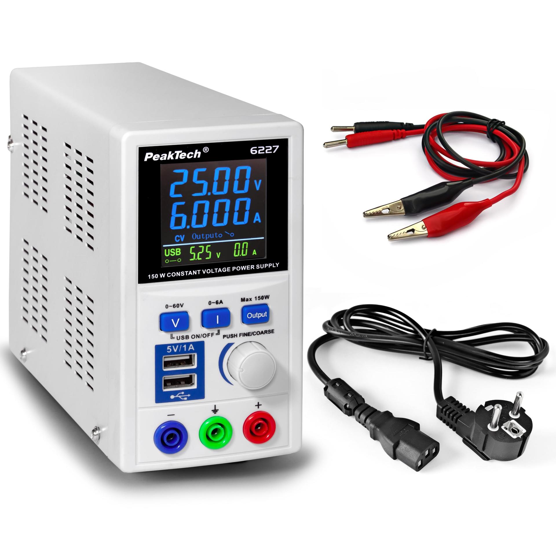 PeakTech P 6227 – DC Laboritoite Toiteplokk 0-60V/0-6 A LCD Ekraan, Laborivõrgutoiteplokk 2x USB-pordiga, Reguleeritava Väljundpingega Toiteallikas, Sisendpinge 115-240V AC 50-60Hz EN 61010-1