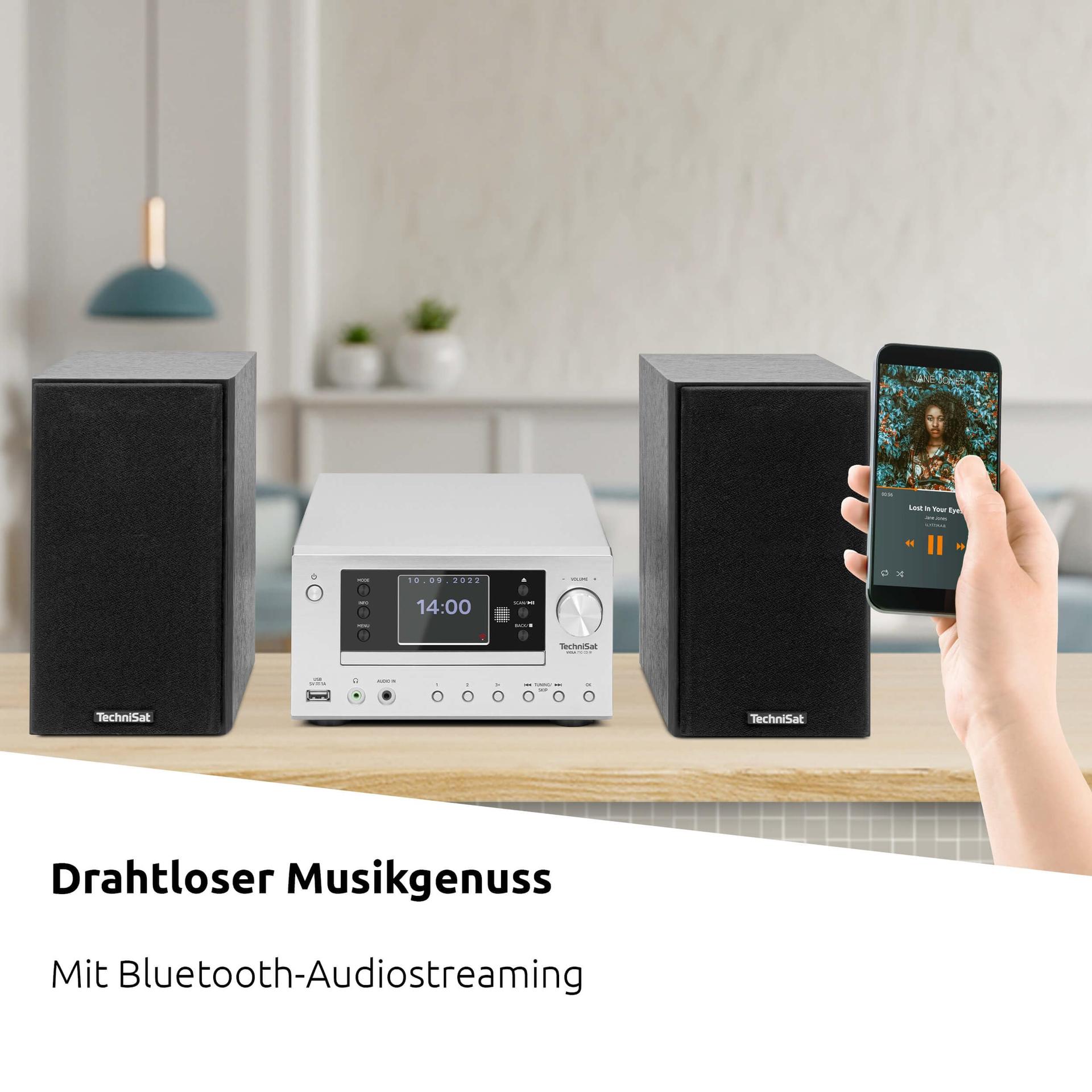 TechniSat VIOLA 710 CD IR – kompaktne Hi-Fi süsteem (Interneti-raadio, DAB+, FM, CD-mängija, Bluetooth, 2x 20W RMS stereokõlarid, kõrvaklapiühendus, äratuskell, unetaimer, kaugjuhtimispult) – kasutusnäide