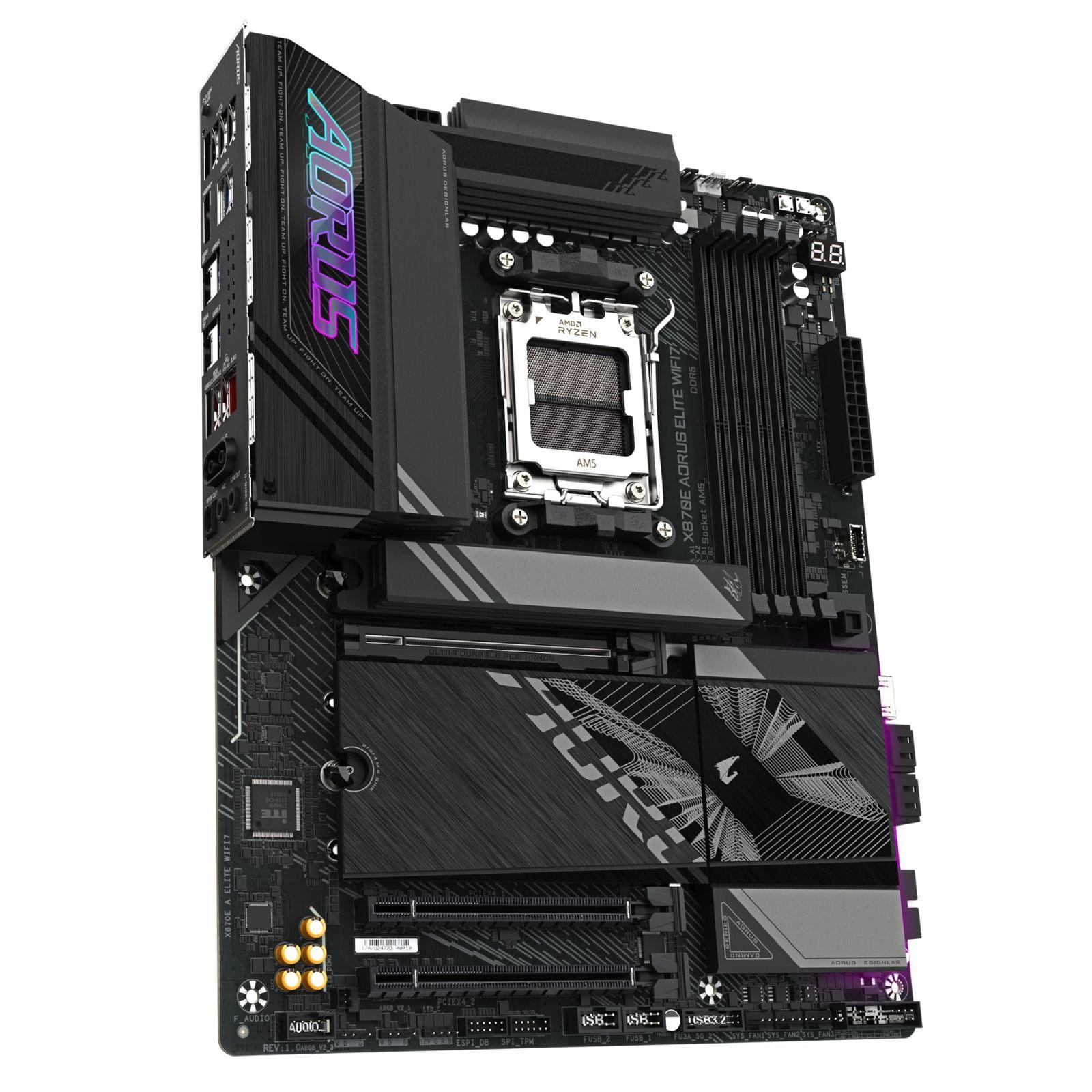 GIGABYTE X870E A Elite WIFI7 emaplaat – Toetab AMD Ryzen 9000 protsessoreid, 16+2+2 faasiline digitaalne VRM, kuni 8000MHz DDR5 (OC), 3x PCIe 5.0, Wi-Fi 7, 2.5GbE LAN, USB 4 – pakend ja tarvikud