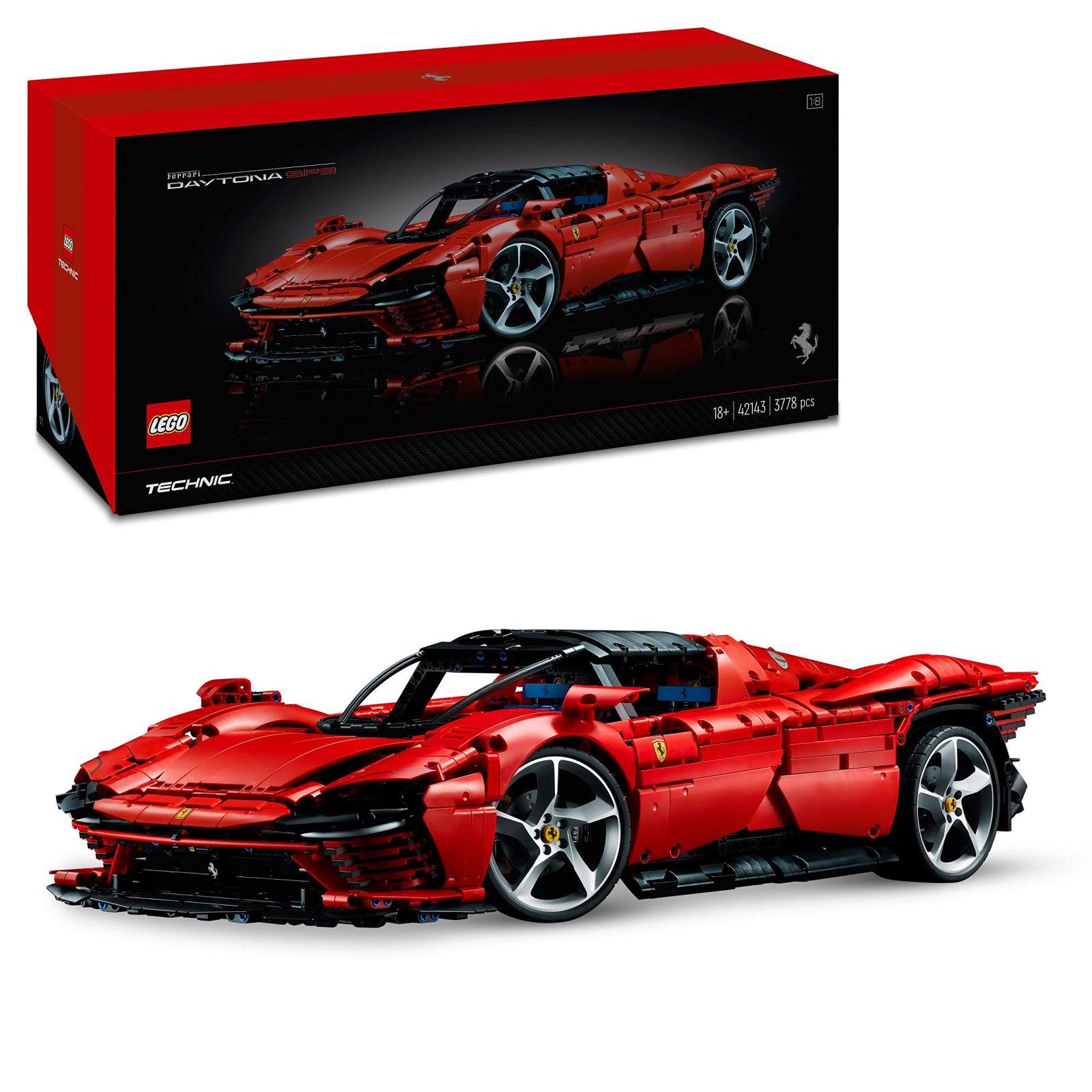 LEGO Technic Ferrari Daytona SP3 mudelauto komplekt, skaala 1:8, punane superauto, edasijõudnud autode mudel, kollektsionääride haruldus, Ultimate Car Concept 42143
