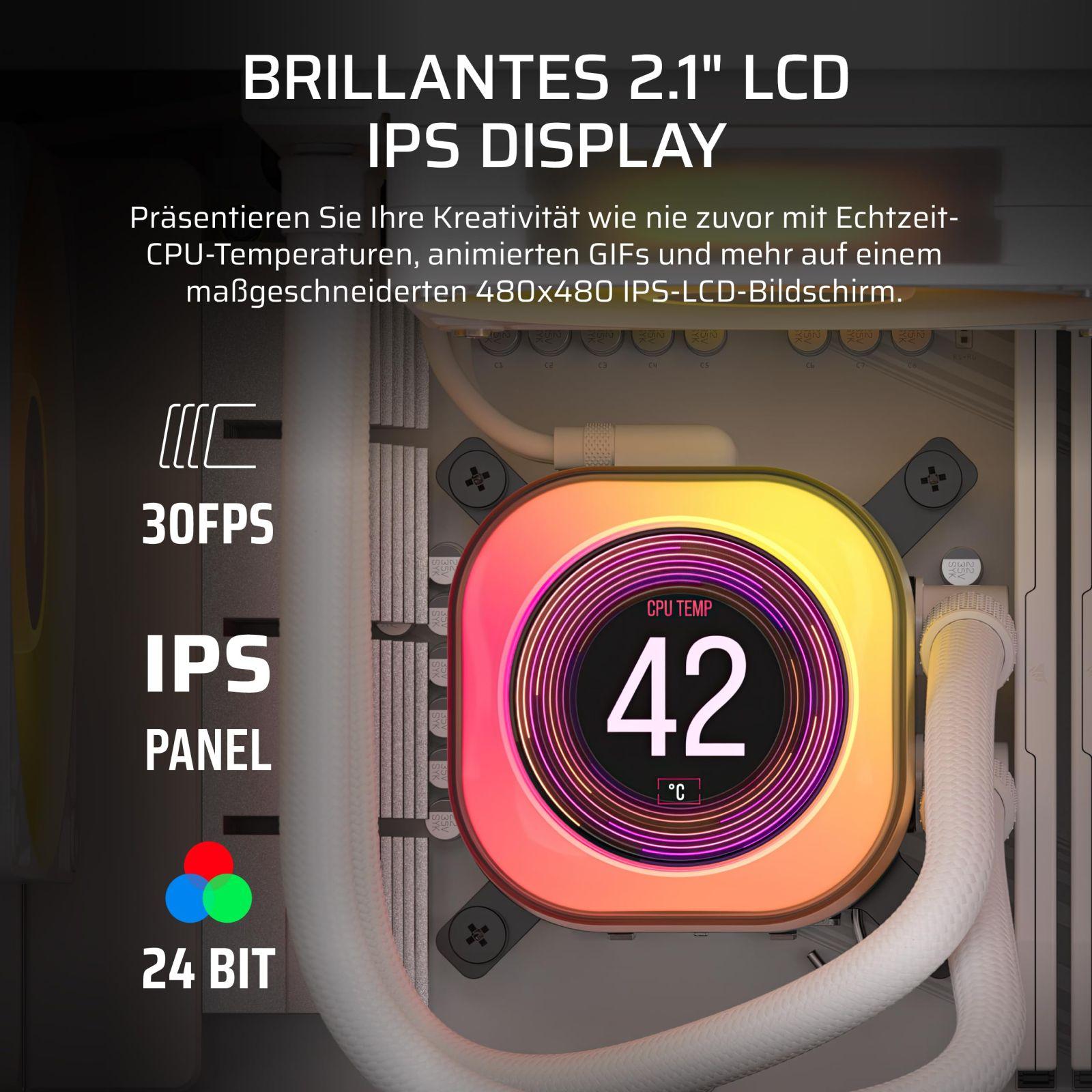 CORSAIR iCUE LINK Titan 360 RX LCD CPU-vedelikjahuti – 360mm AIO – FlowDrive-jahutusmootor – Intel LGA 1851/1700, AMD AM5/AM4 – 3X RX120 RGB-ventilaatorid – iCUE LINK-süsteemi jaotur – Valge – kasutusnäide